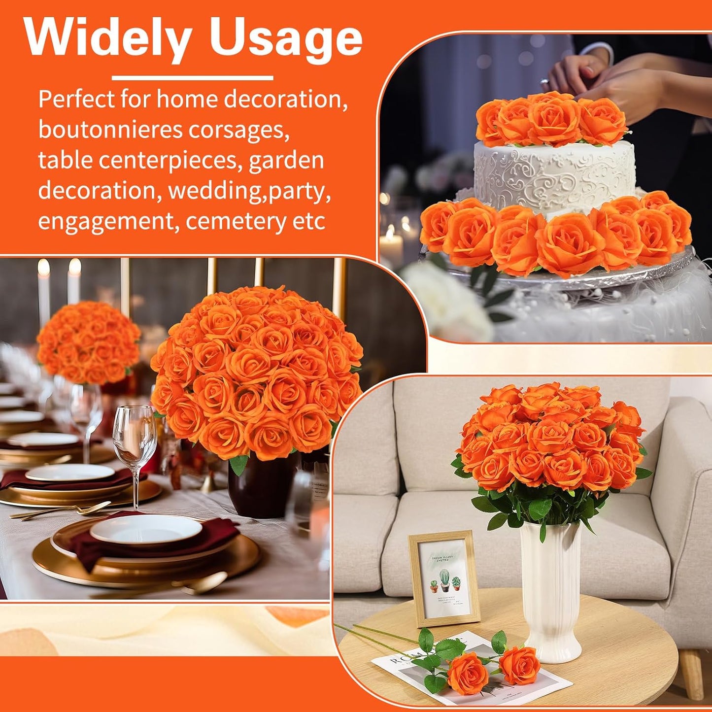 36 Pcs Orange Artificial Roses with Long Stems, Fake Silk Rose Artificial Flowers Bulk for Bridal Wedding Bouquet Centerpiece Ball Arrangement Party Decor