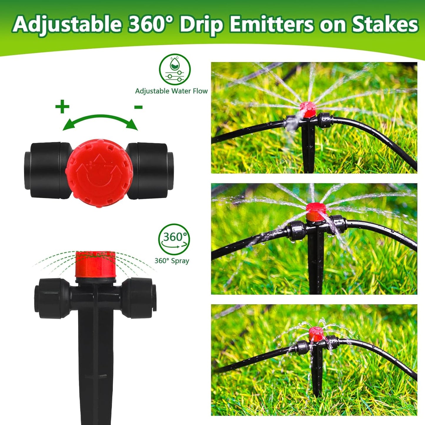 Push-to-Fit Drip Irrigation Emitters for 1/4" Drip Irrigation Tubing, 20 Pcs Adjustable 360 Degree Water Flow Drippers Sprayer on Stake 360° Full Circle Multi-Stream Irrigation In-line Dripper