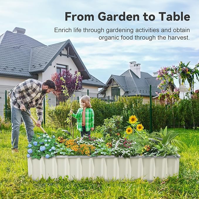KING BIRD Raised Garden Bed 68"x 36"x 12" Galvanized Steel Metal Outdoor Garden Planter Box Kit with 2 Pairs of Gloves (Ivory)