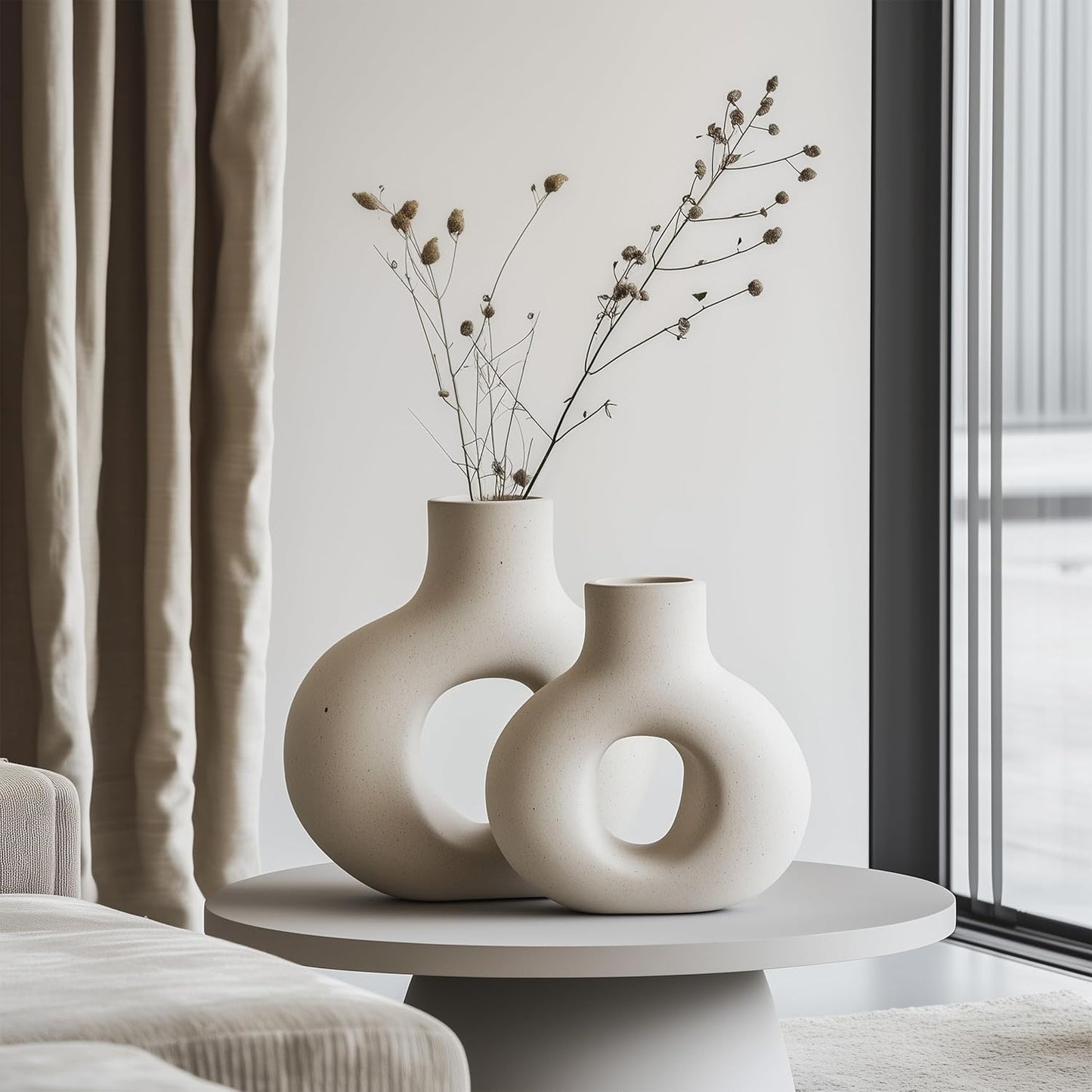 NOBULA White Ceramic Donut Vases โ Modern Home Decor for Living Room, Bedroom & Table Centerpiece - Minimalist Nordic โ Unique Vases for Olive Plant & Flowers โ Decorative Coffee Table Vase Set of 2