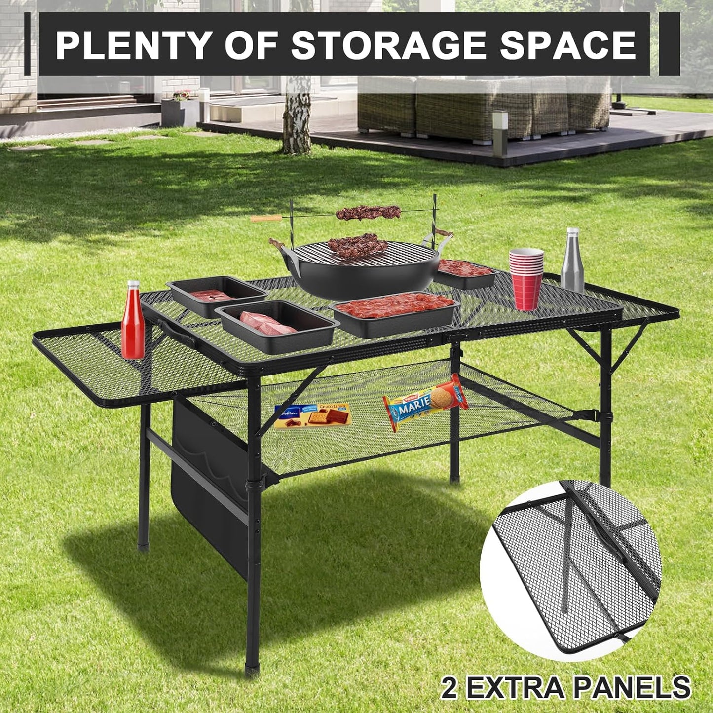 Folding Grill 4.4 FT Portable Camping Table with 2 Wing Panels, Height Adjustable Metal Outdoor Table with Mesh Desktop and Mesh Bag, Picnic, Beach and BBQ, Party, Black