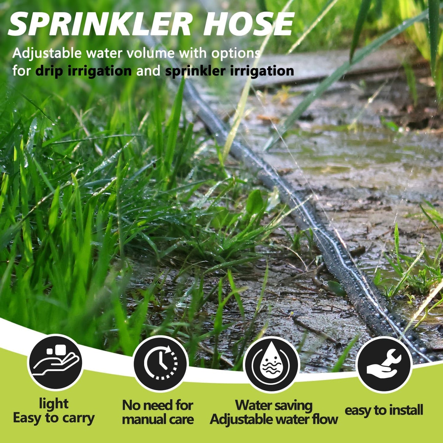 2-Pack Sprinkler Hose with Holes 15 Ft, Flat Soaker Hose 30 ft with Garden Staples, Drip Irrigation Hoses for Lawn, Watering Hose System (Black, 30 ft(15ftx2pack))