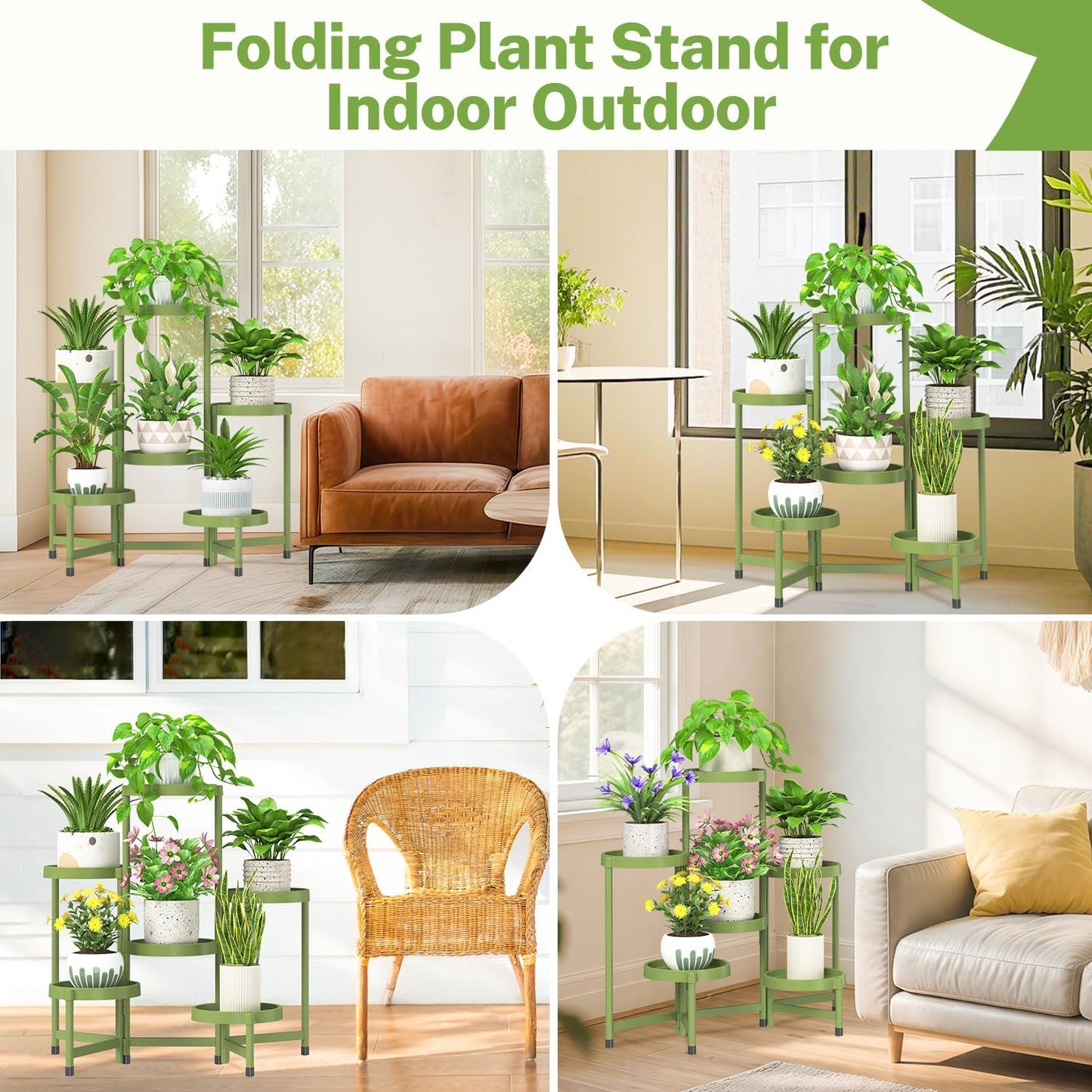 iDavosic.ly 6 Tier Folding Plant Stand Indoor Outdoor with Plastic Tray, Tiered Corner Flower Holder Shelf, Metal Orchid Display Rack for Patio Porch Living Room Garden Balcony, Green