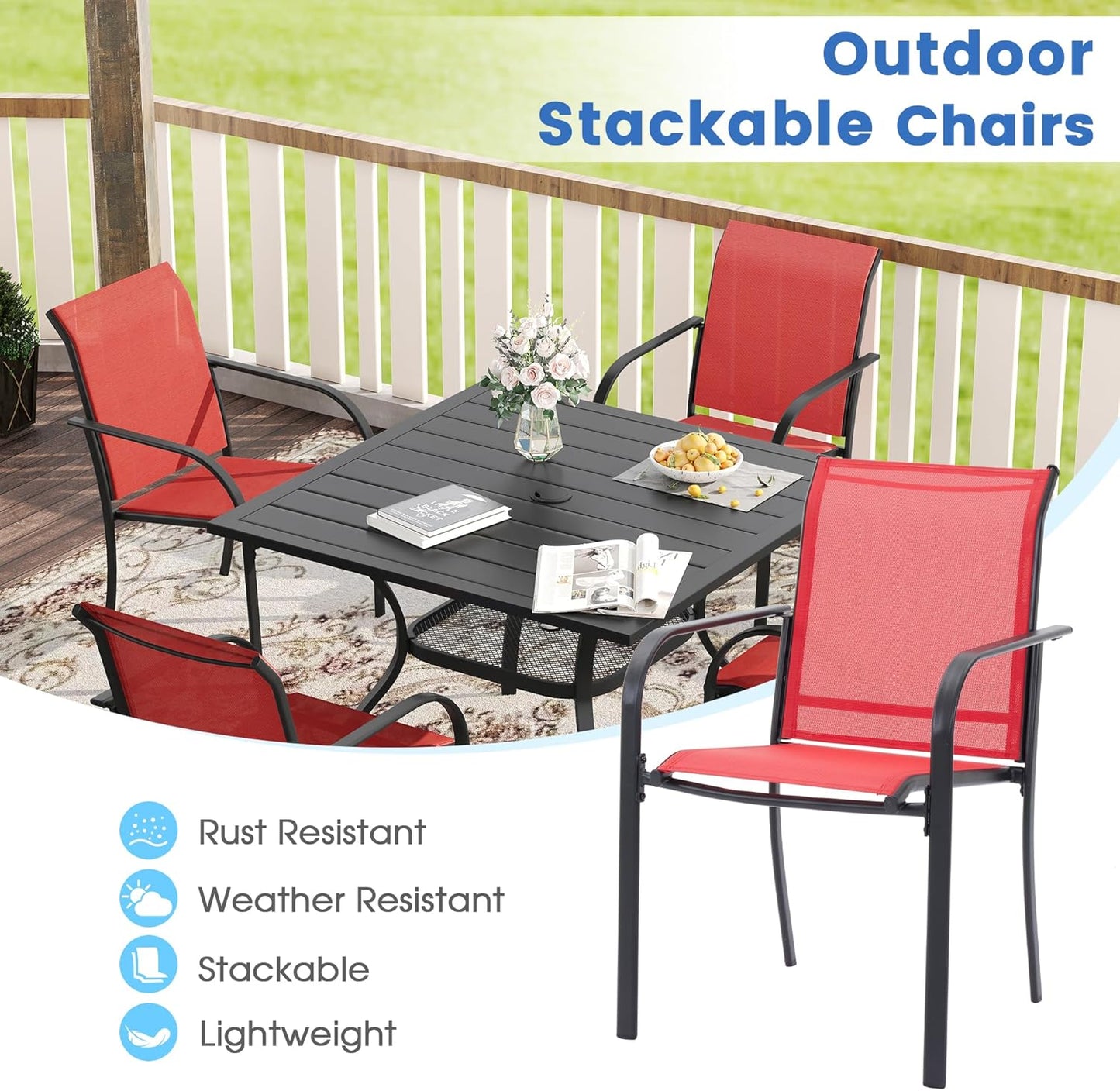 VICLLAX Patio Dining Set for 4, Outdoor Furniture Set Includes 1 Square Patio Table and 4 Stacking Patio Sling Chairs, Black Tabletop and Red Fabric