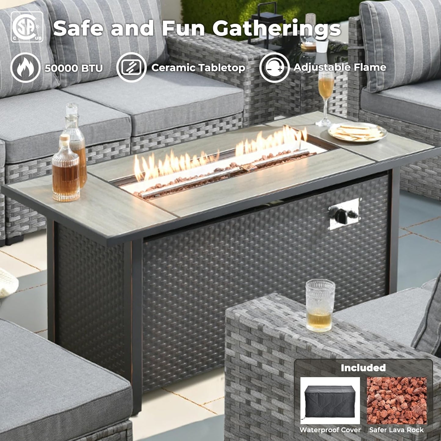 ovios 16 Pieces Patio Furniture Set, Outdoor Wicker Sectional Sofa with 54" Fire Pit Table Swivel Chairs, Modern Modular Deep Seat Rattan Couch Conversation Sets, Dark Gray Stripe