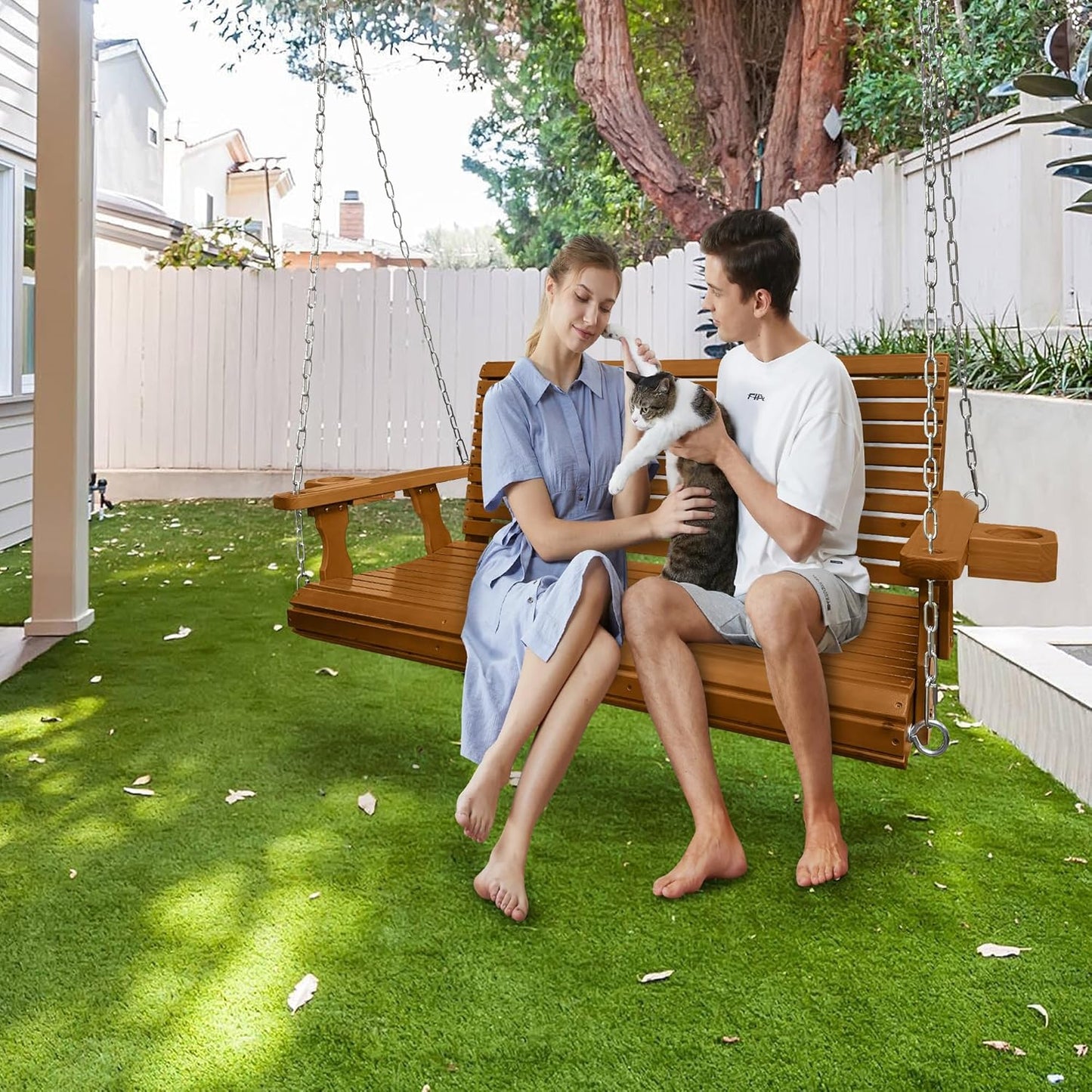 Wooden Porch Swing 2-Seater, Bench Swing with Cupholders, Hanging Chains and 7mm Springs, Heavy Duty 880 LBS, for Outdoor Patio Garden Yard (Cedar Tone, 4.5 FT Extra Large)