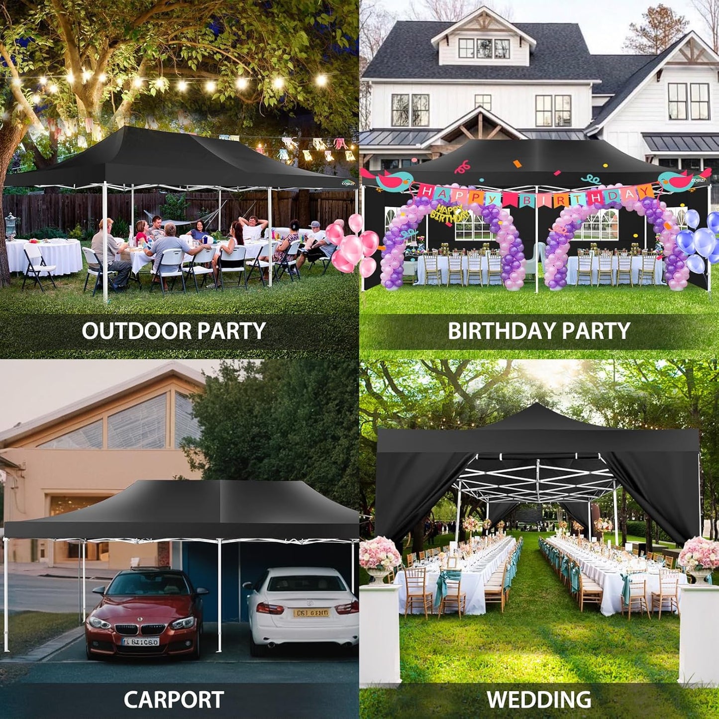 COBIZI 13x26 Pop Up Canopy with 6 Sidewall,Heavy Duty UPF 50+ All Season Wind Waterproof Commercial Outdoor Wedding Party Tents for Parties Canopy Gazebo with Roller Bag(13 x 26 ft Black)