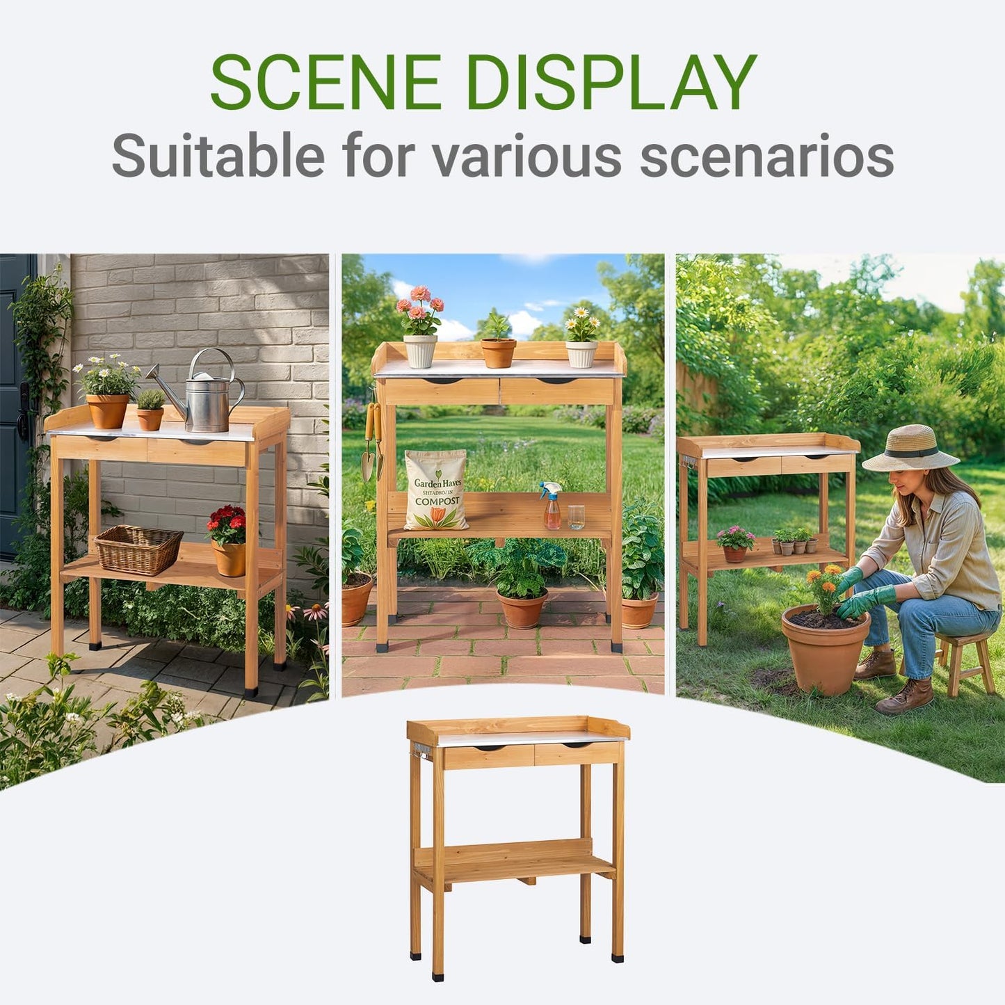 Outdoor Potting Bench Garden Work Station, Solid Wood Planting Table w/Sink Drawer Shelves,Metal Top, Folding Patio Furniture for Porch Balcony (29.8 x 14.6 x 36.4(Fir Wood Color))