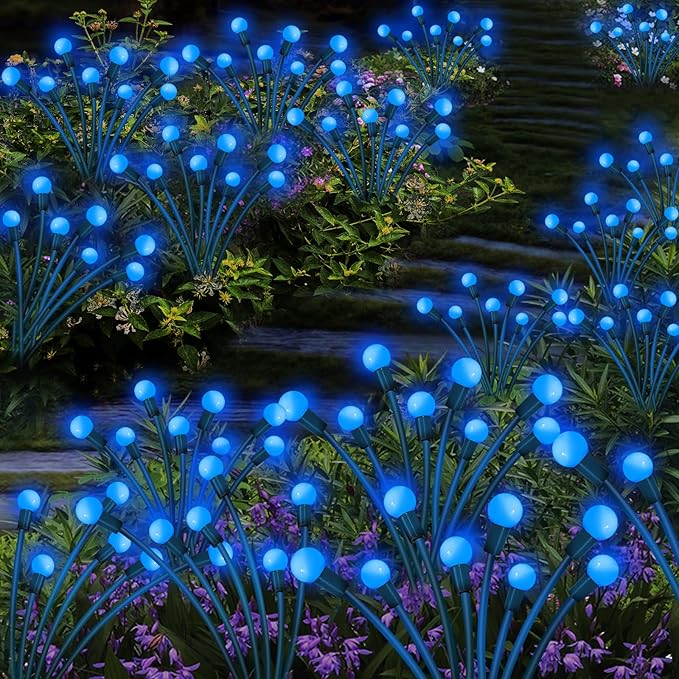 Solar Garden Lights Outdoor, 4 Pack 40 LED Solar Blue Firefly Lights Waterproof, Starburst Solar Wind Swaying Lights for Outside Yard Patio Planter Flower Bed Walkway Christmas Decoration