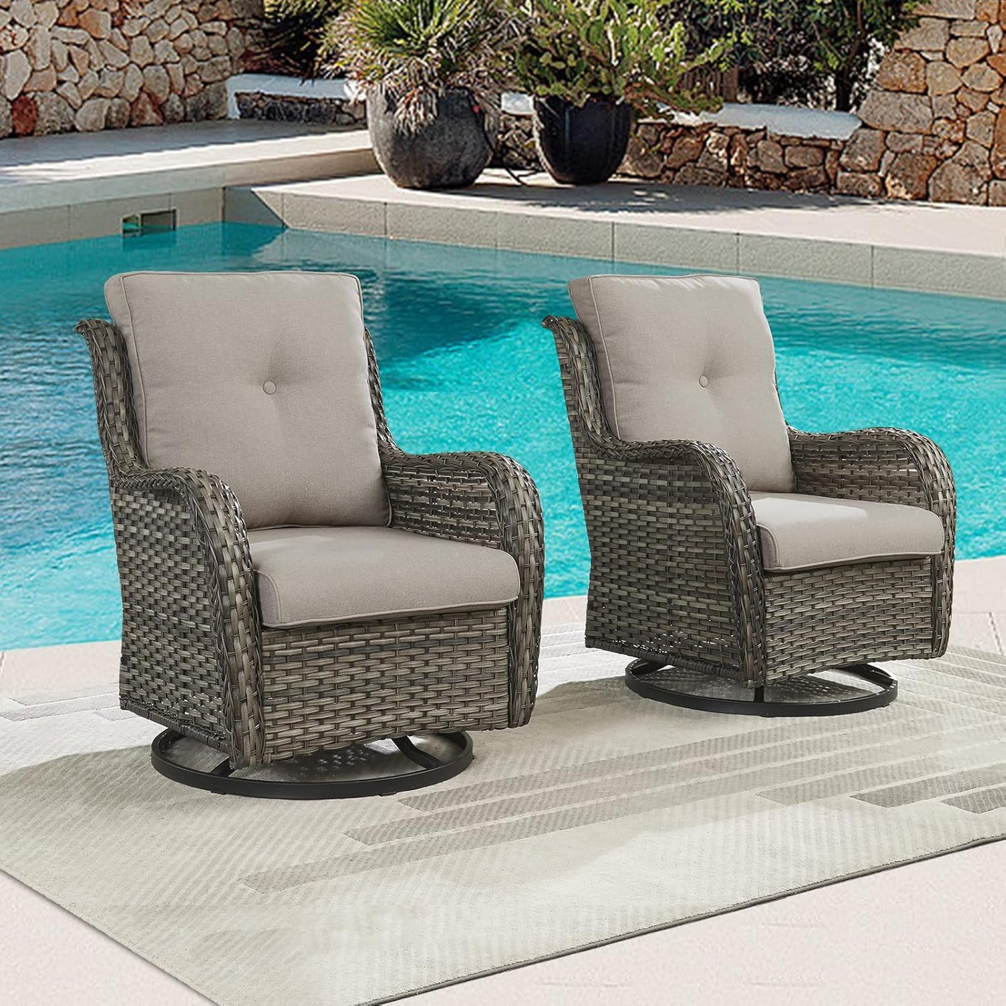 Outdoor Patio Swivel Rocker Chairs - Wicker Rattan Patio Swivel Rocking Chairs Set of 2 with High Back,Deep Seating and Comfort Cushions for Deck Porch Garden,Mixed Grey/Grey