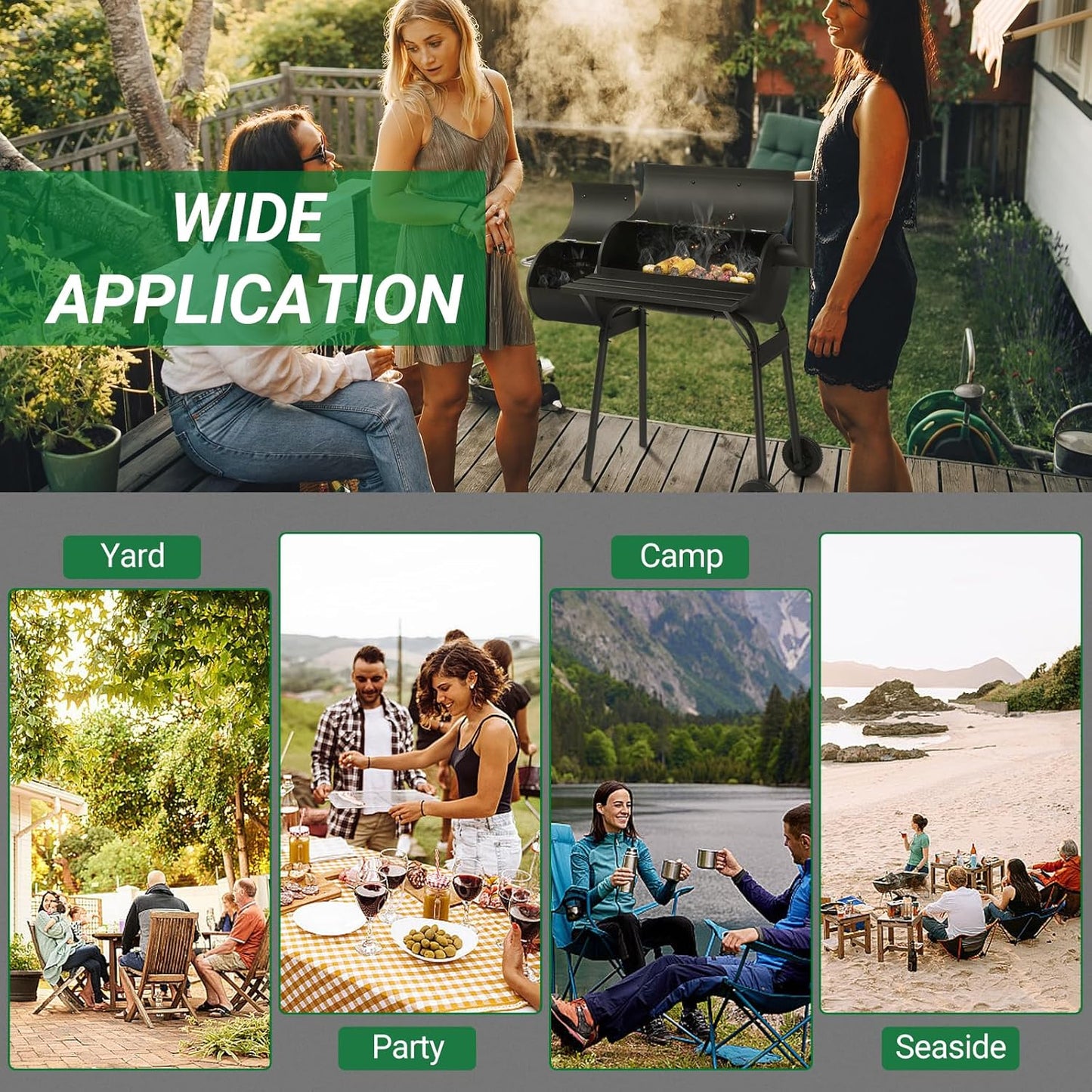 Outvita Outdoor BBQ Charcoal Grill, Portable Camping Grill for 6-10 People with Offset Smoker & Wheels for Patio Backyard Picnic