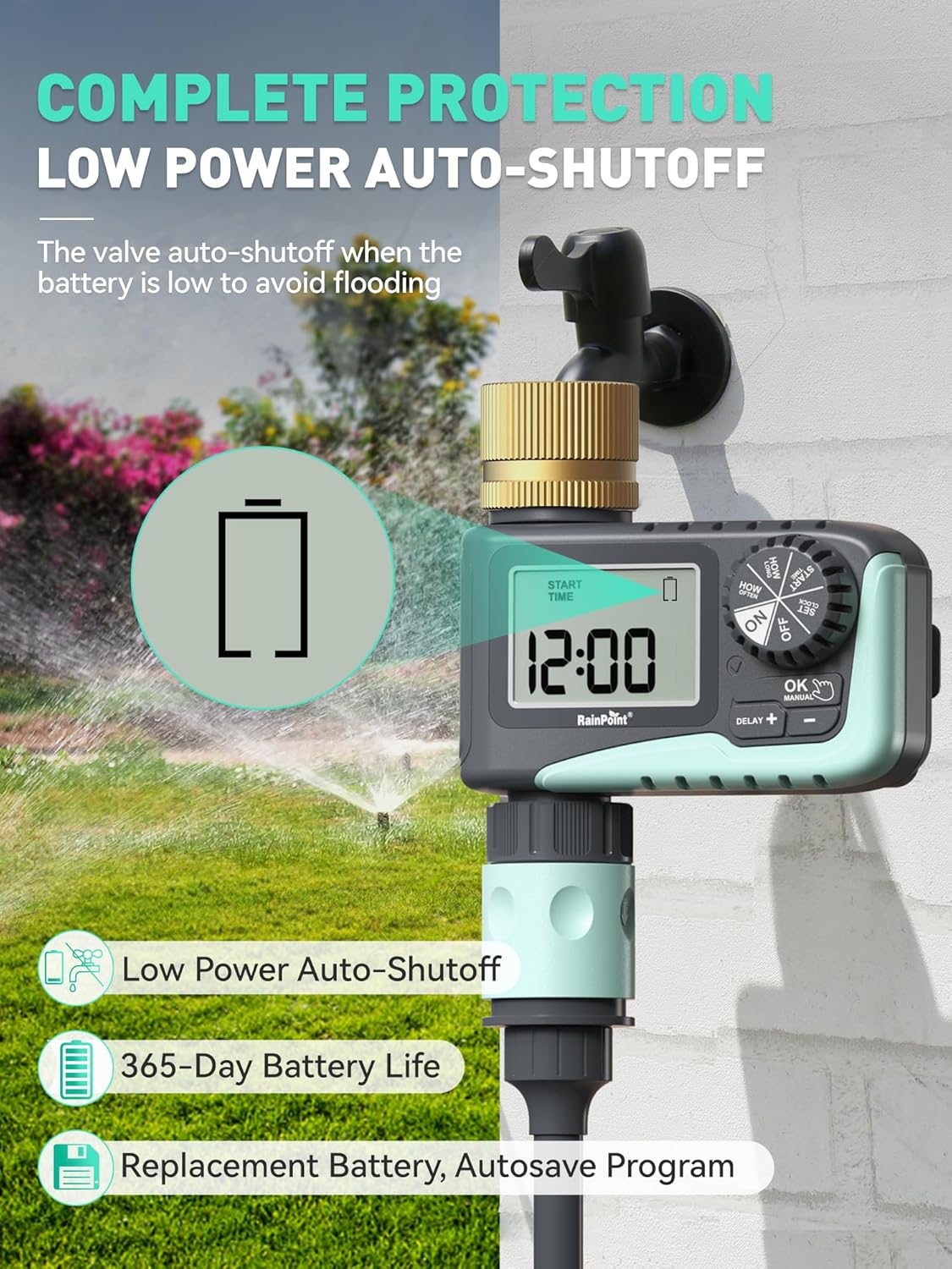 RAINPOINT 2-Pack Sprinkler Timer with Brass Swivel for Garden Hose, Programmable Hose Timer with Rain Delay/Manual Watering, Digital Irrigation System for Lawns, 1 Outlet