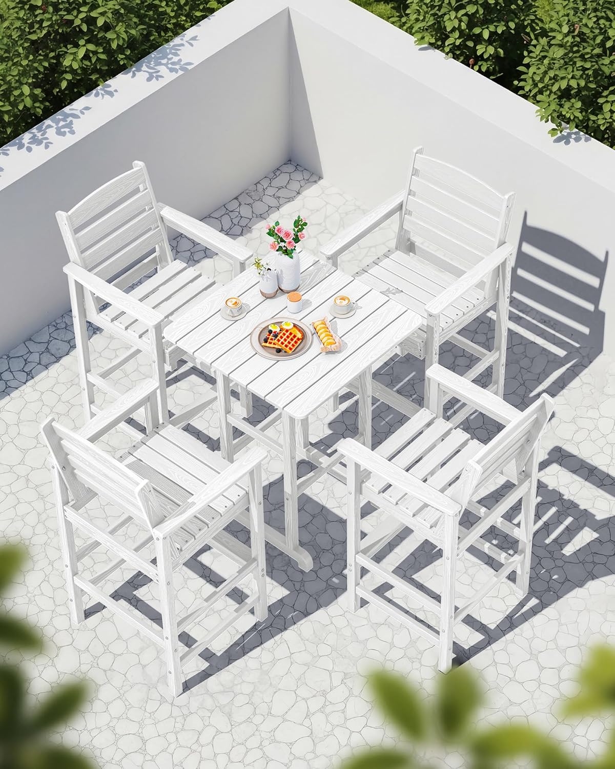 SERWALL 5 Pieces Adirondack Bar Chairs Set, HDPE Adirondack Barstools Chairs with Bar Pub Table, Outdoor Patio Bar Furniture Set for Bistro, Balcony, Poolside, Garden, White