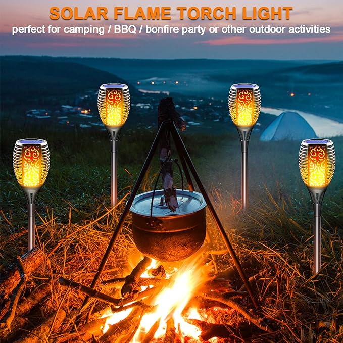 Large Solar Torch Light with Flickering Flame, Upgraded 3-in-1 Solar Fire Lights Outdoor Hanging Lanterns, Festival Decorations Solar Powered Tiki Torches for Garden, Pathway, Lawn, Yard