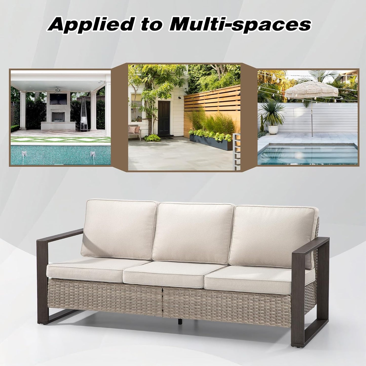 Joyside Outdoor Patio Wicker Sofa, 3-Seater Rattan Sofa with Thick Olefin Cushions and Metal Steel Rectangular Framed Armrest -Looking Metal Armrest Suitable for Garden, Backyard, Porch, Deck (Beige)