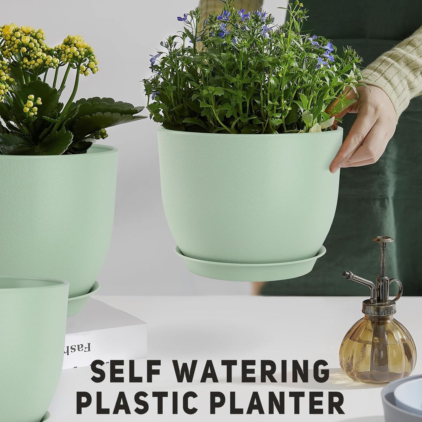 Plant Pots 10/9/8/7.5/7 inch Flower Pots with Multi Mesh Drainage Holes, Planters for Indoor Outdoor Garden Plants and Flowers. (Green)