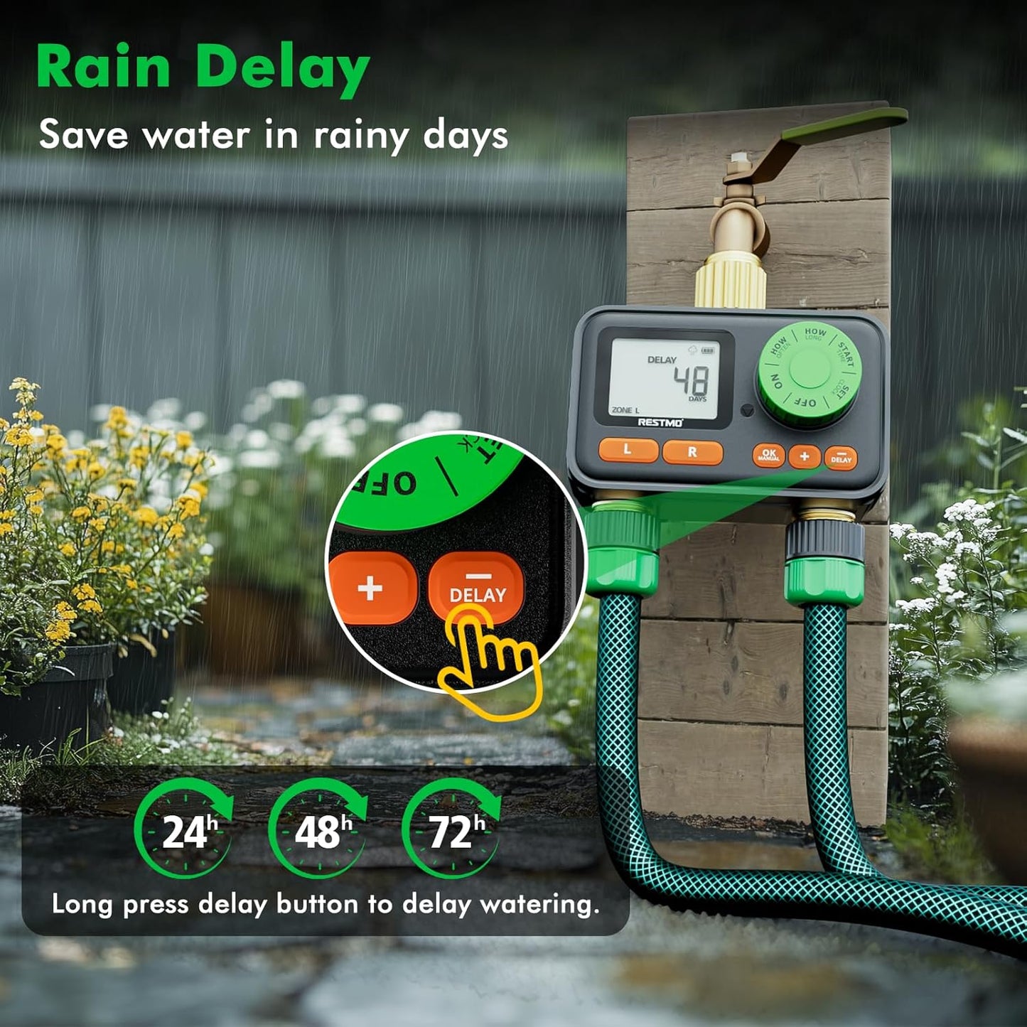 RESTMO RF Remote Controlled Sprinkler Timer with Brass Inlet & Outlet, Water Timer for Garden Hose, Automatic/Manual/Rain Delay for Outdoor Faucet, Drip Irrigation and Lawn Watering, 2 Outlet