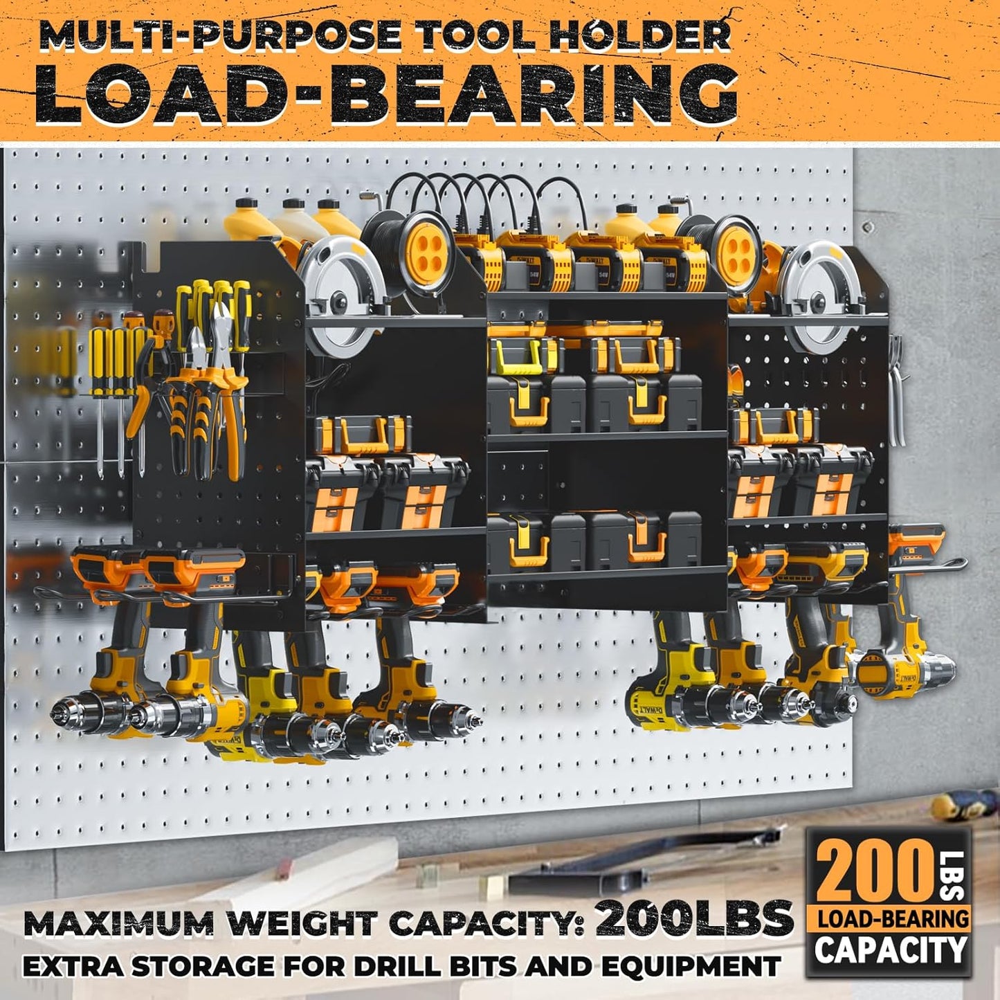 Upgrade Large Power Tool Organizer Wall Mount with Charging Station Tool Storage Rack with 6.5FT Power Strip 10 Drill Holder and Storage Rack for Garage Organization