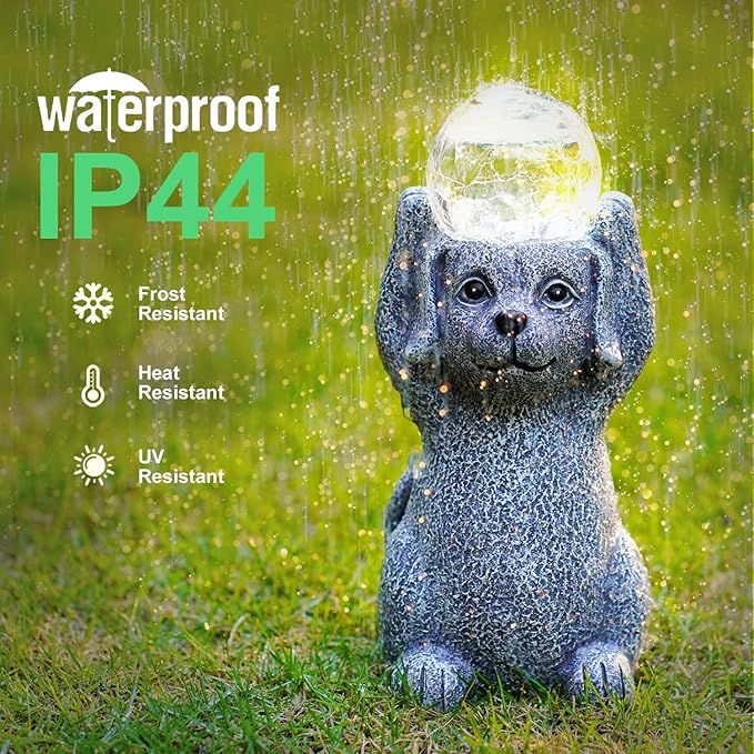 Solar Cute Dog Statue Holding Cracked Glass LED Lights – Funny Resin Dog Decor Garden Decorations for Patio,Balcony,Yard,Birthday Gifts for Women Mom