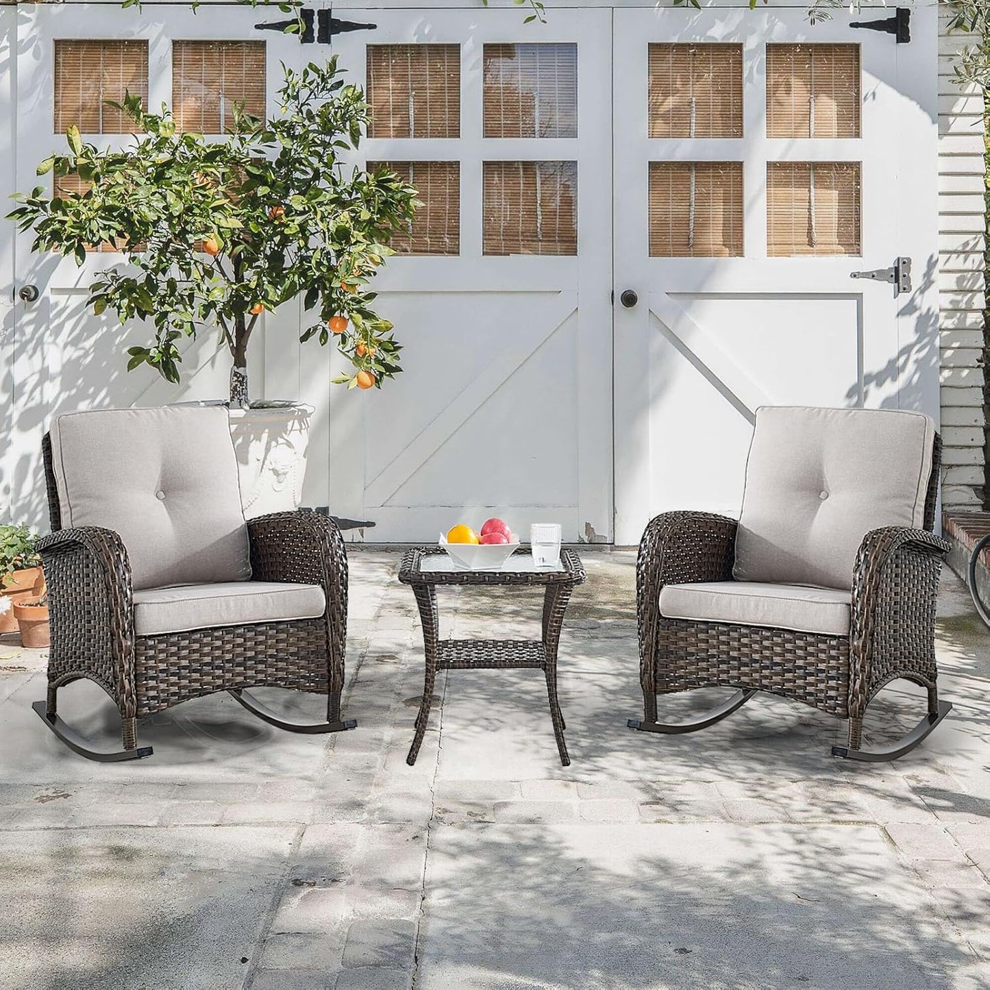 HUMMUH 5-Piece Outdoor Patio Furniture PE Wicker Patio Conversation Set,All-Weather Outdoor Rocking Chairs with Patio Couch Tables for Backyard,Poolside,Deck