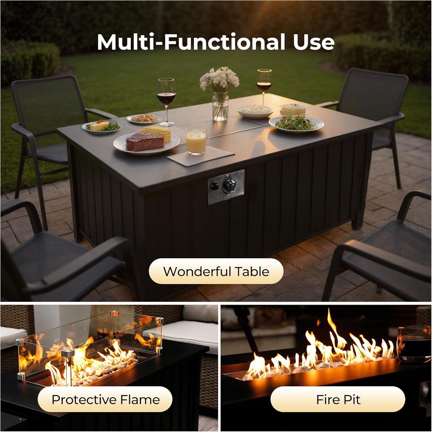 KOL 50,000 BTU Propane Fire Pit Table with Cabinet-39.5in Black Gas Fireplace with Glass Wind Guard & Lid, Outdoor Rectangular Cold Rolled Plate Plastic Spraying Firepits for Patio, Backyard, Balcony