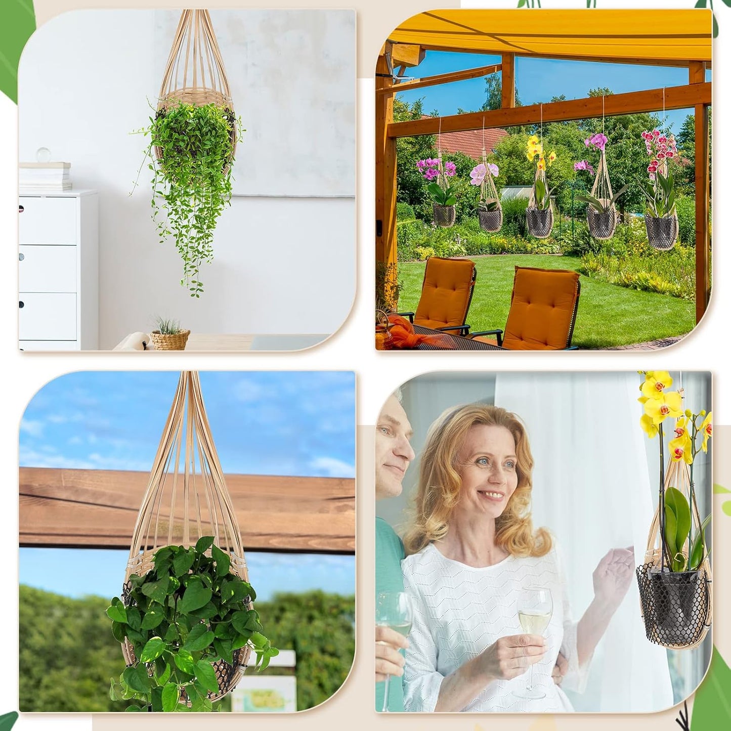 10 Pack Hanging Orchid Planter Thai Bamboo Woven 4 Inch Bird Nest Style Orchid Hanging Basket Bamboo Flower Basket with Metal Hook for Trellis Gazebo Indoor Outdoor Wall Small Flower Planter