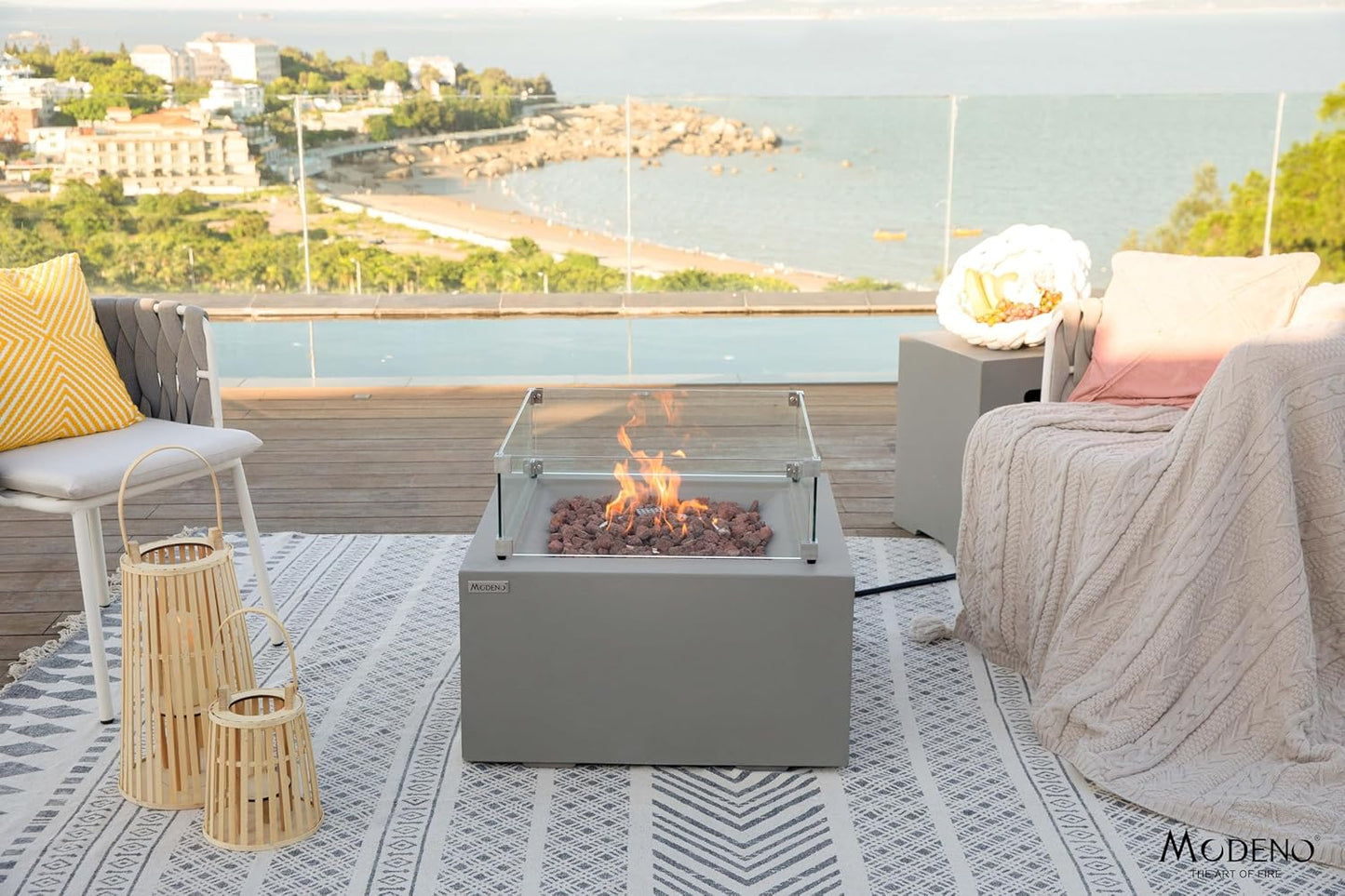 AMS Fireplace | Modeno Ridgefield Package | Light Gray Liquid Propane Gas Fire Pit Table for Outside Patio Bundle with Tank Cover, Wind Guard, SS Burner Lid | Free Ice Bucket & Rubber Mat