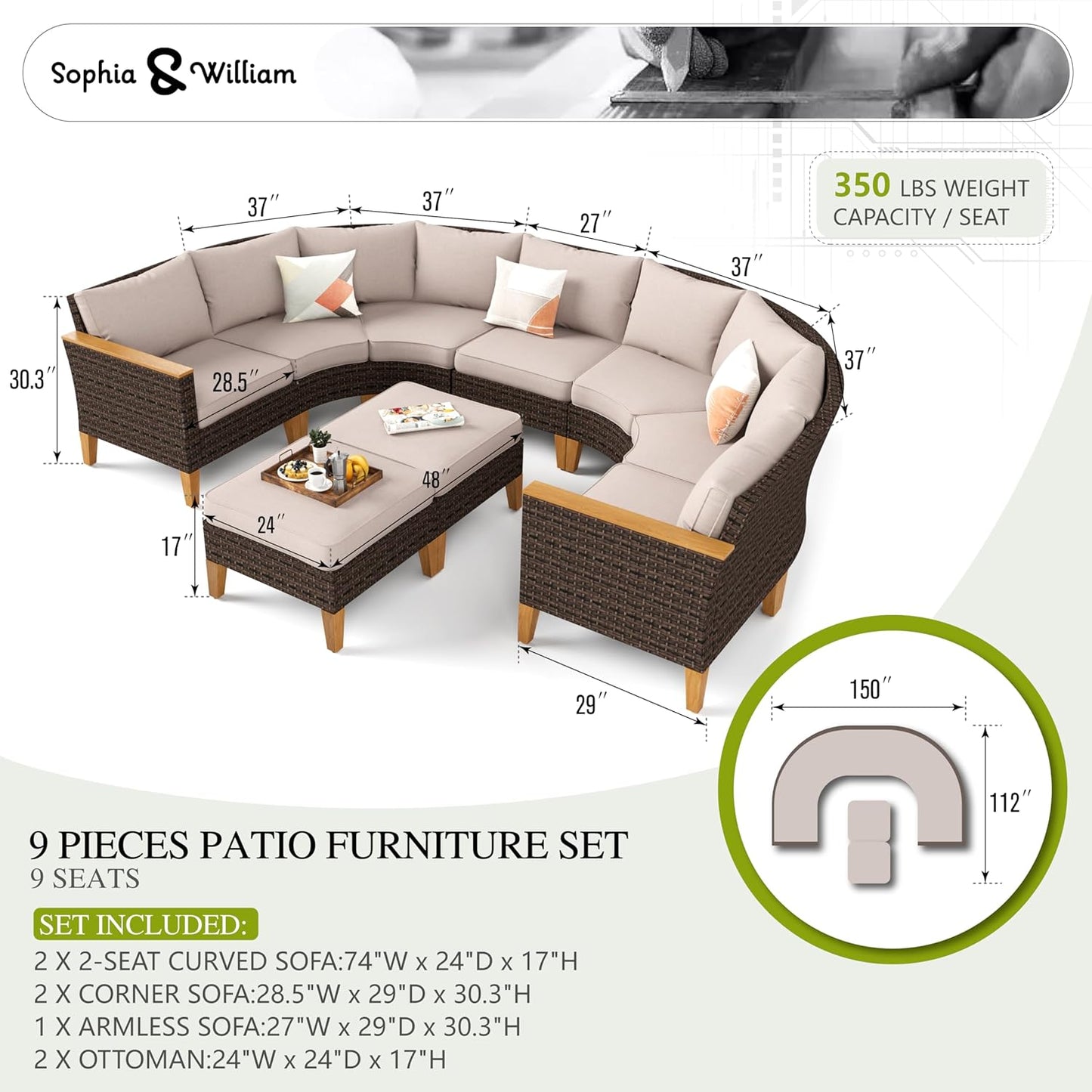 Sophia & William Half-Moon Outdoor Patio Furniture Set 9 Piece Large & High Back Wicker Rattan Patio Sectional Furniture Sofa Set Fan-Shaped Conversation Set with Ottomans & 4" Thick Cushions, Beige