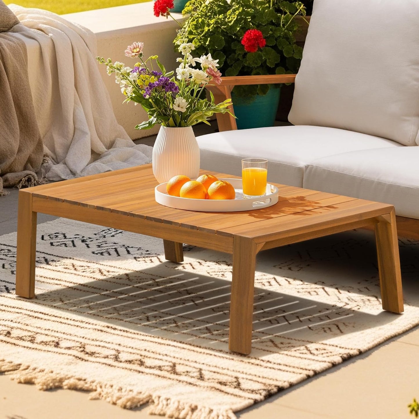 IDZO Jasper Solid Acacia Wood Loveseat Patio Set with Beige Cushions & Coffee Table – Modern Outdoor Furniture for Poolside, Garden, or Deck