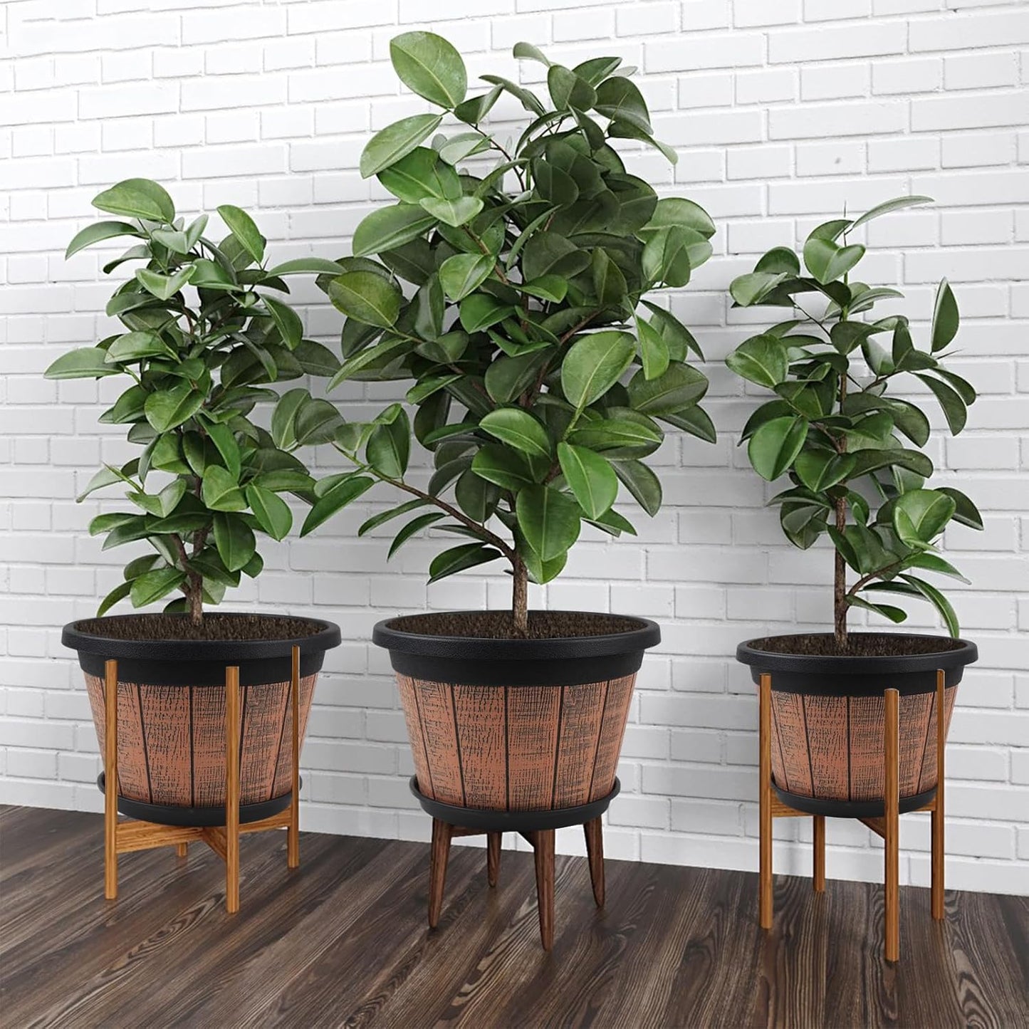 Quarut Large 4 Pack 14 inch Plant Pots,Whiskey Barrel Planters with Drainage Holes & Saucer,Plastic Decoration Flower Pots Retro Design,Planters for Outdoor Indoor Garden Balcony Plants (Brown)