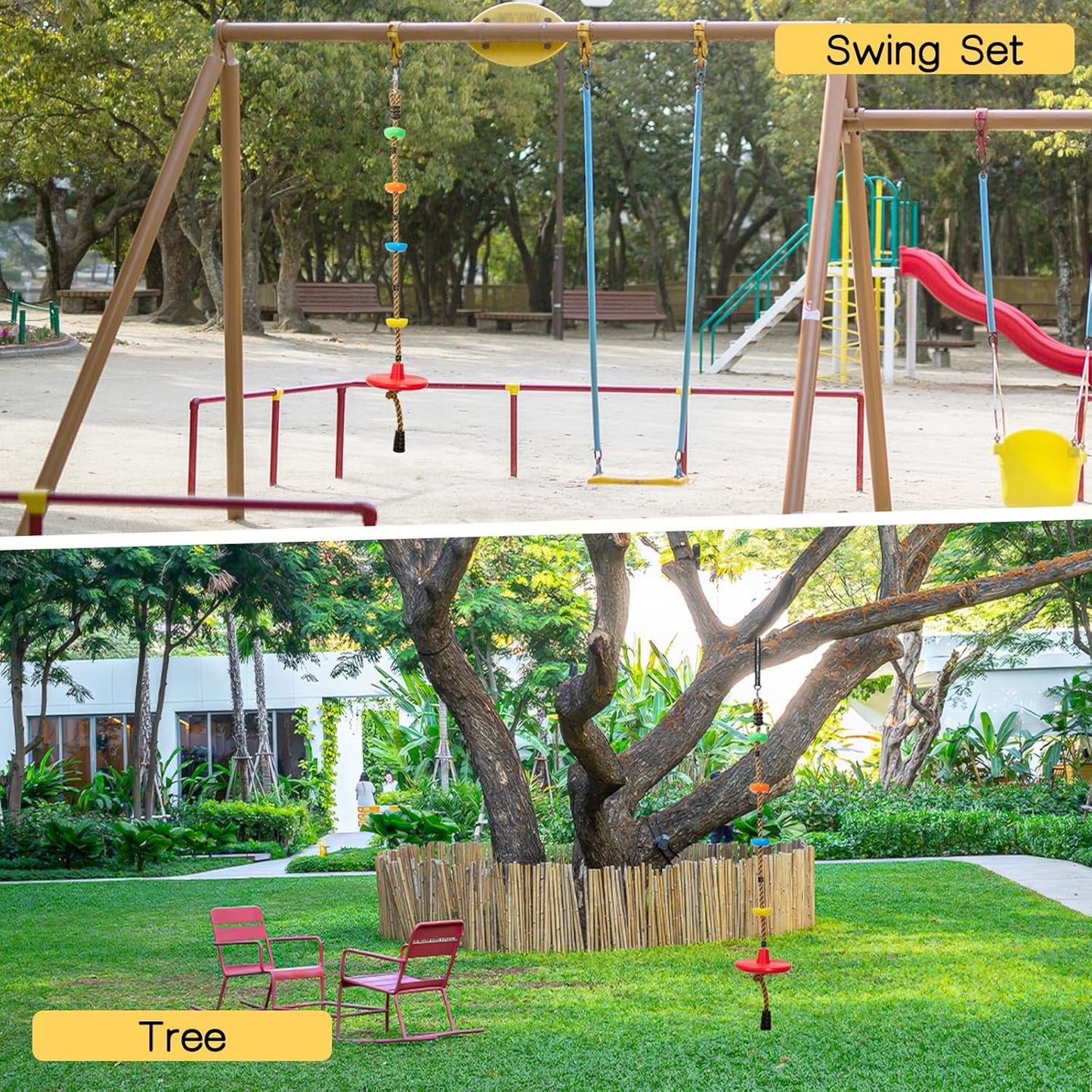 DECORLIFE Adjustable Rope Swing for Kids, Climbing Rope Disc Swing with Platforms, Carabiner and Tree Strap, Tree Swing for Outdoor, Swing Set Playground Accessories, Red