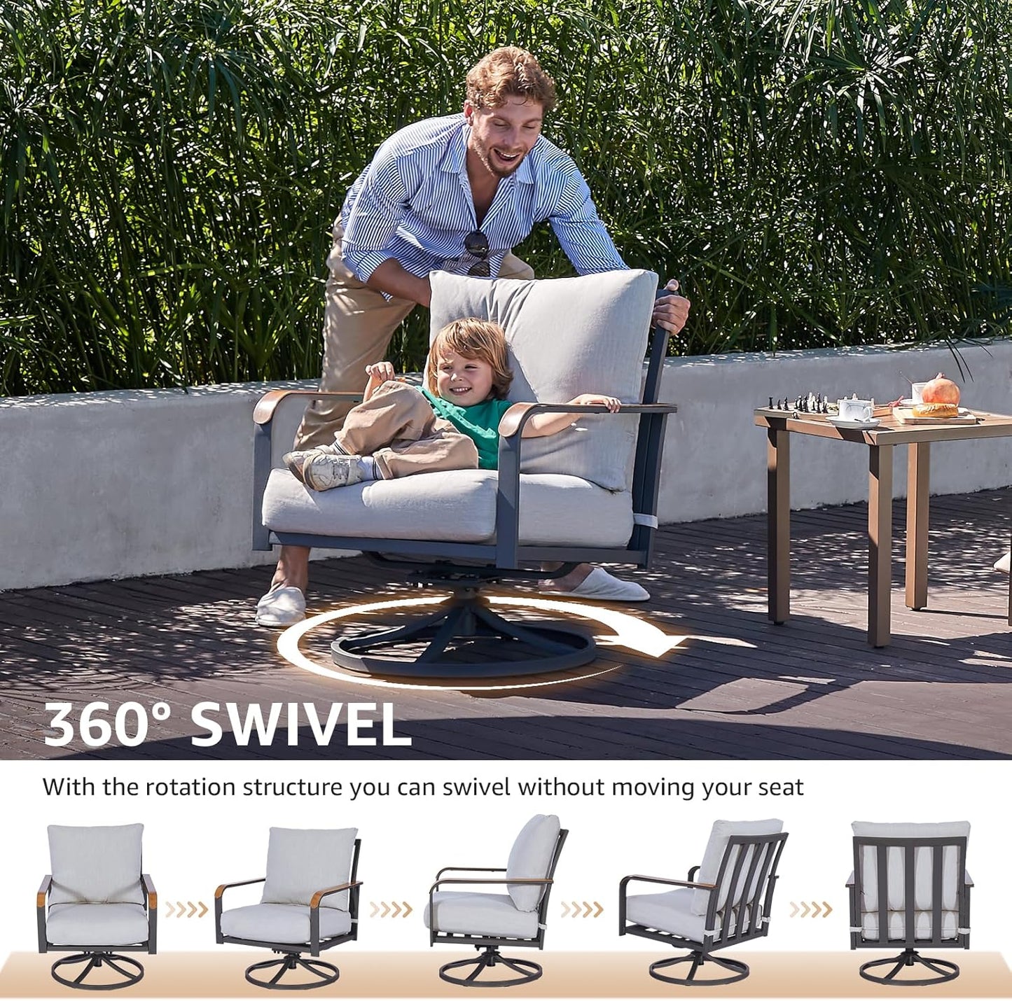 NATURAL EXPRESSIONS Outdoor Bistro Set, 3 Piece Swivel Glider Rocking Chairs Patio Conversation Furniture Set with 2 Rockers, 1 Metal Table and 6" Thick Cushions for Backyard, Porch, Balcony, 350lbs.