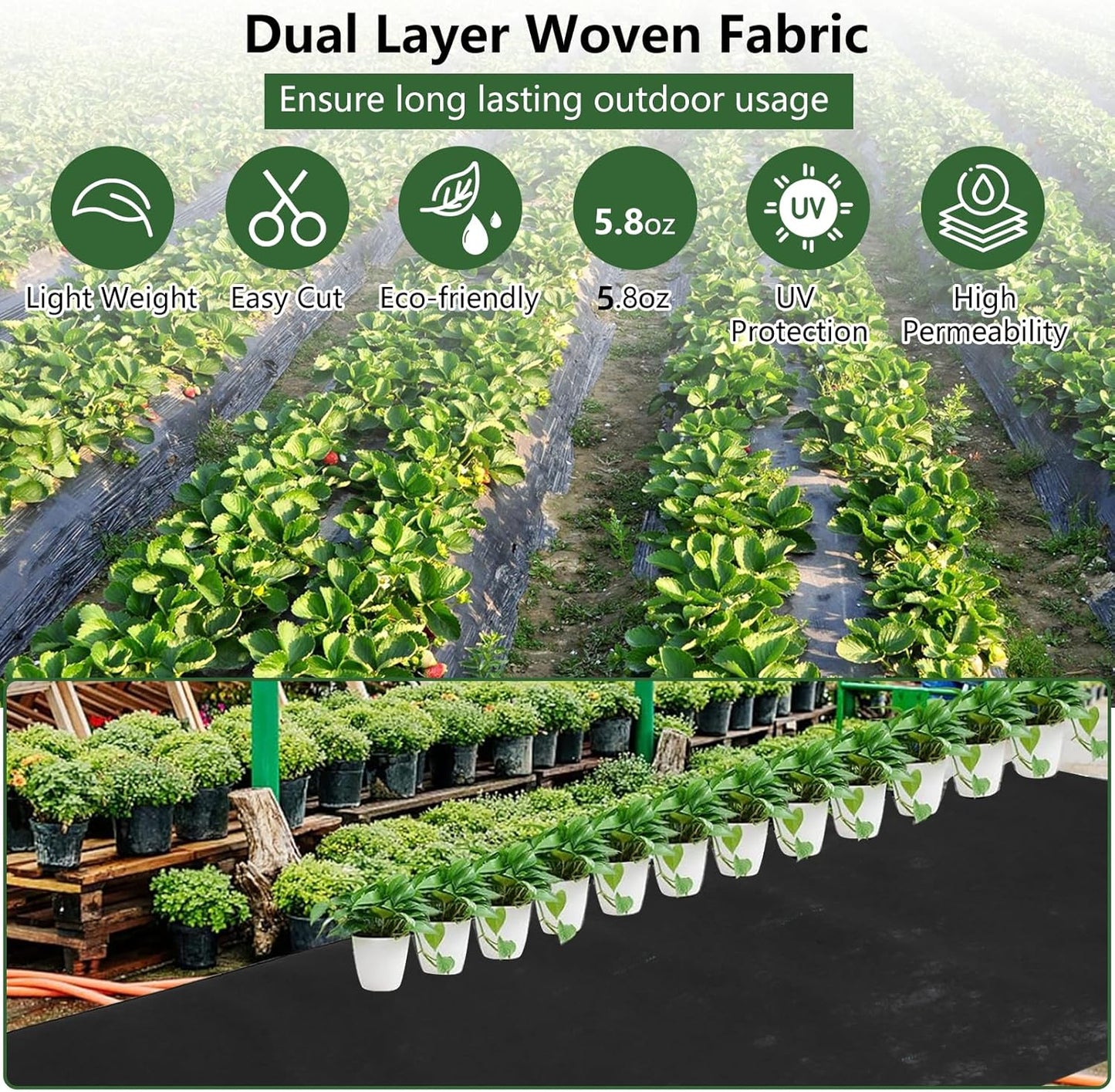 Broadfashion Woven Landscape Fabric 5oz, 5 x 300FT Weed Fabric Barrier, Double Layer, Garden Fabric Weed Barrier, Weed Control Fabric Ground Cover, Gardening Mat for Garden Beds, Landscaping