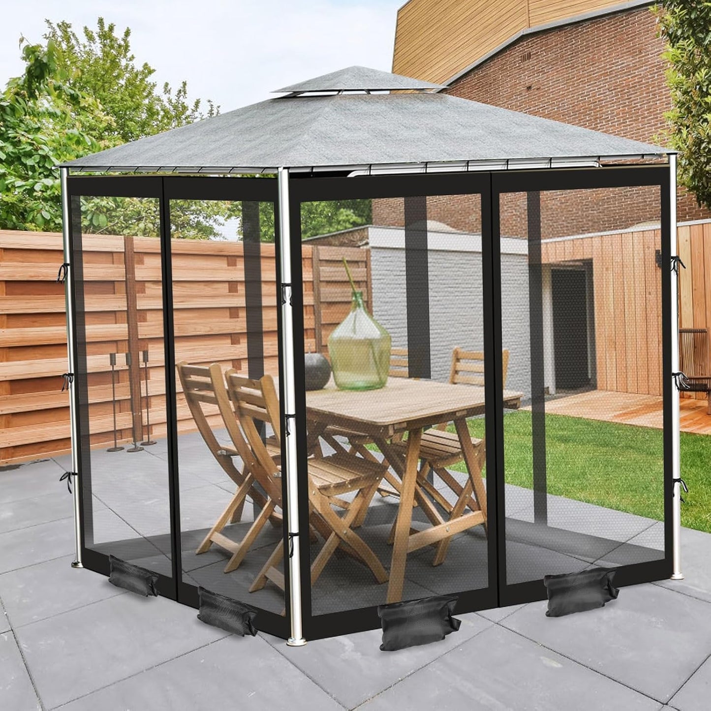 ShowyLive 12x12 Patio Umbrella Mosquito Netting with Zipper 4 Doors & 8 Weight Bag - Adjustable Polyester Mesh Bug Screen for Outdoor Umbrellas, Garden, Patio Tables (Black)