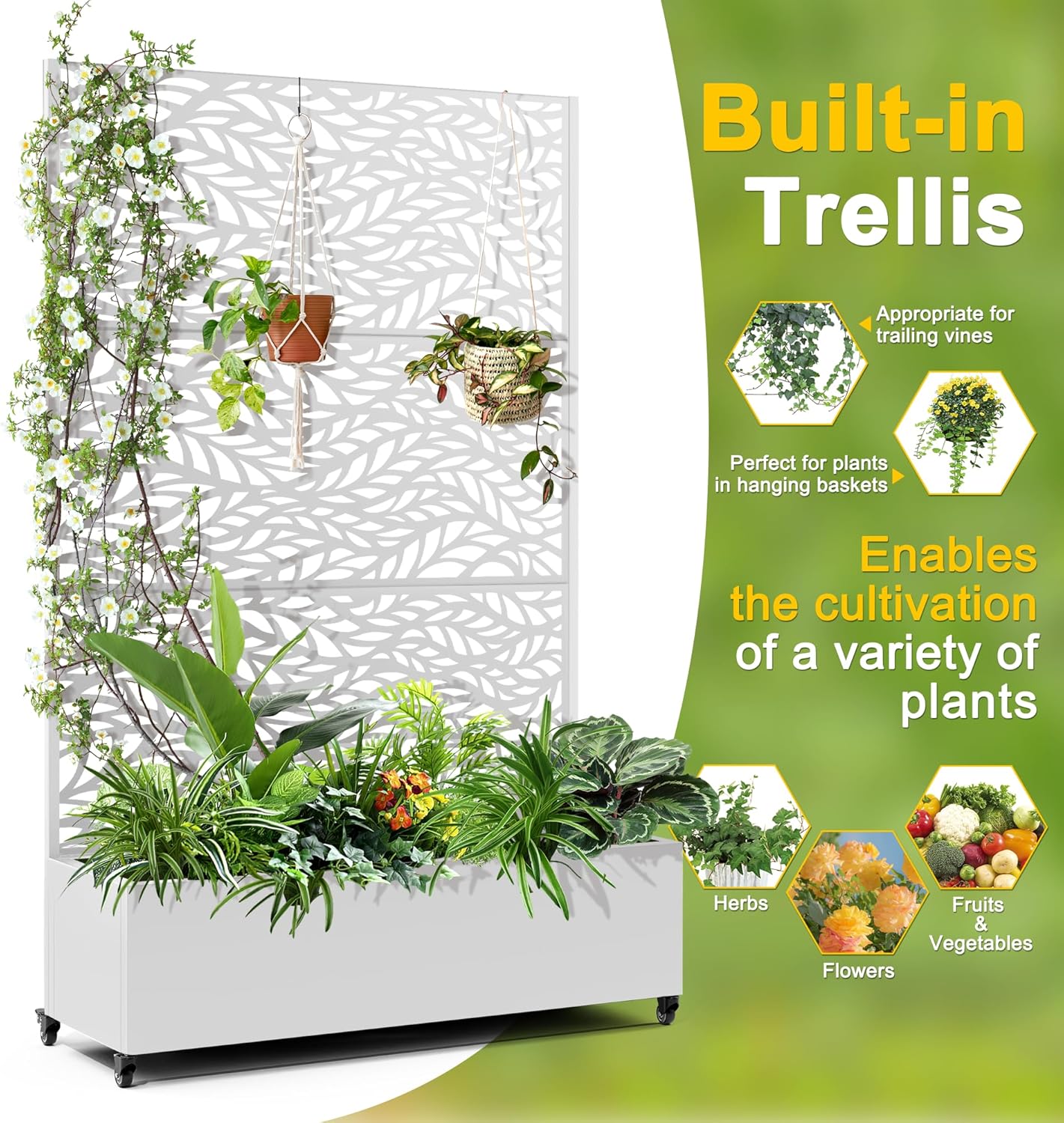 FENCY Metal Raised Garden Bed with Wheels and Trellis,73"x47"x16" Planter Box for Climbing Plants, Vegetables & Vines, Features Privacy Screen and Drainage Holes (White-Leaf)