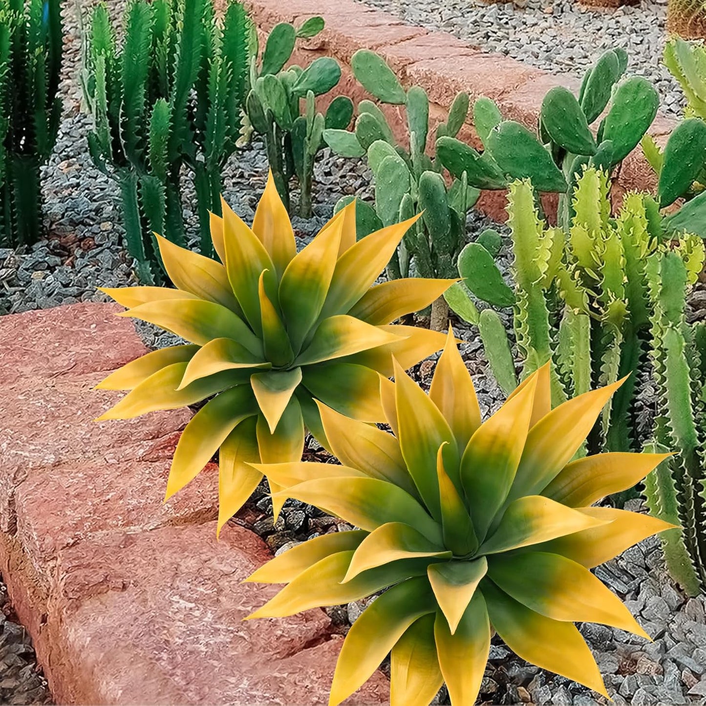 Artificial Agave Plants,Large UV Resistant Fake Agave Planters for Indoor and Outdoor Decorating Tropical Plant Succulents Greenery Indoor Decor (2Pack,18" Yellow)