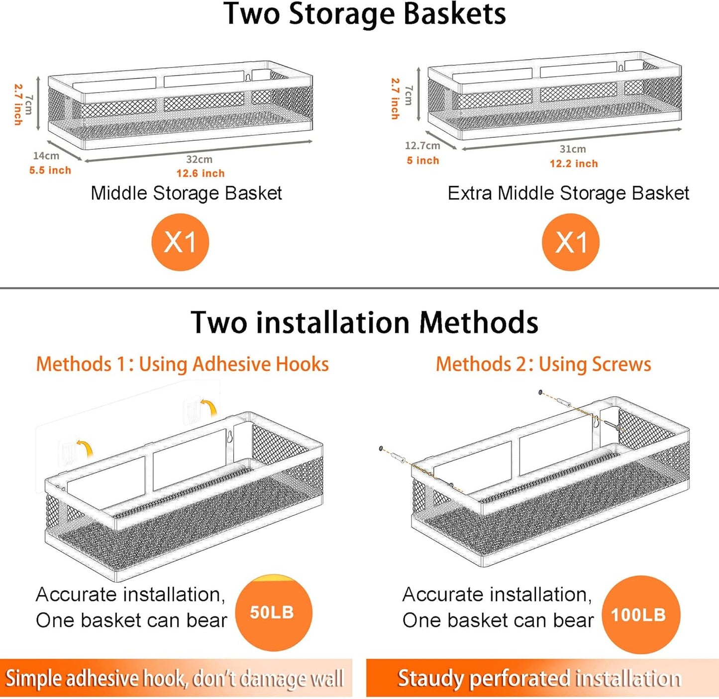 PUSDON Metal Wall Hanging Basket 2 Packs DIY Suitable for Multiple Scenes - Middle Black Netting Suit