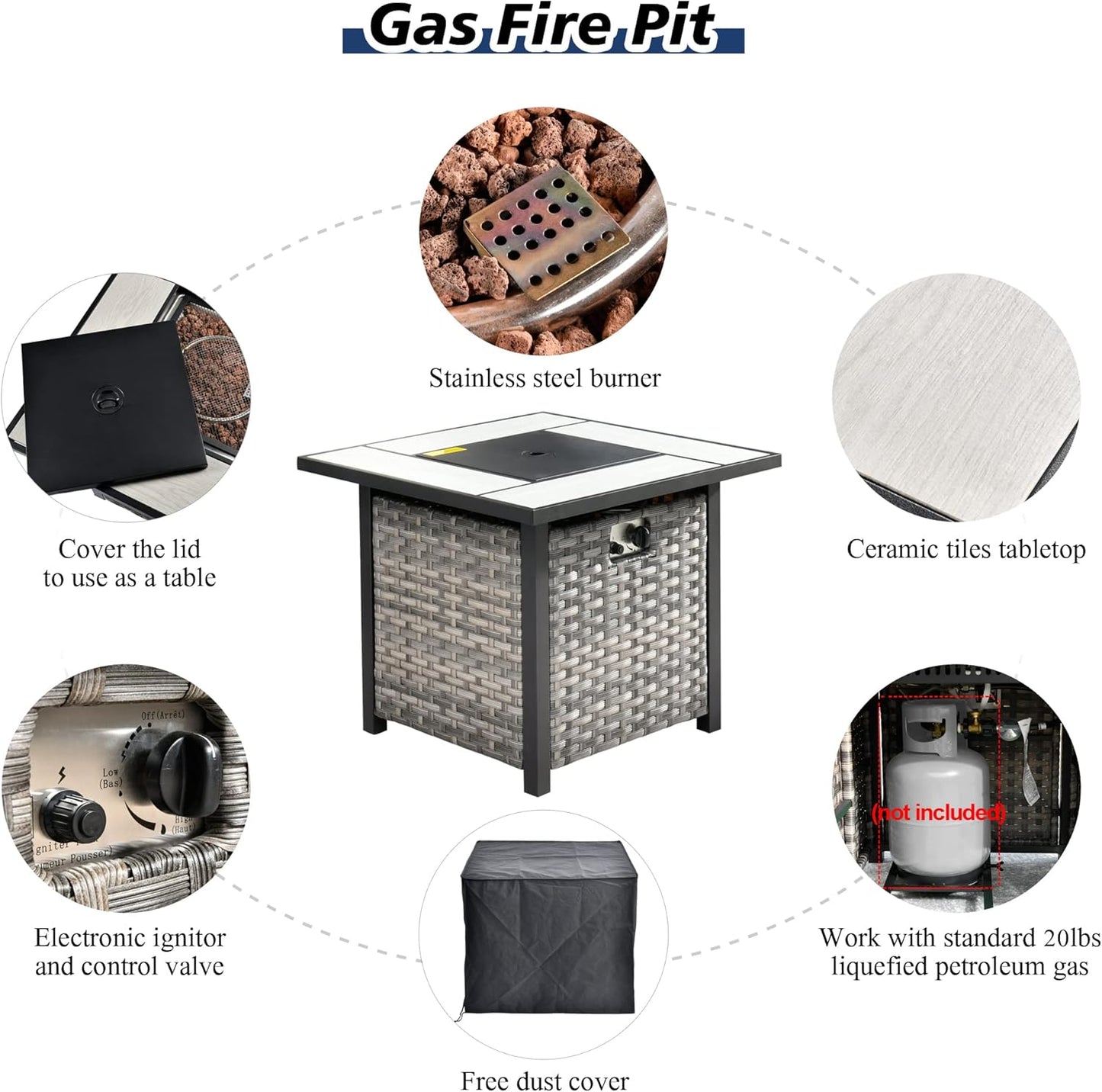 HOOOWOOO 10 Piece Modular Patio Outdoor Sectional Furniture Set with Gas Propane Fire Pit Table,Wicker Conversation Sofa Set with Swivel Chairs,Outside Couch Set(Navy Blue)