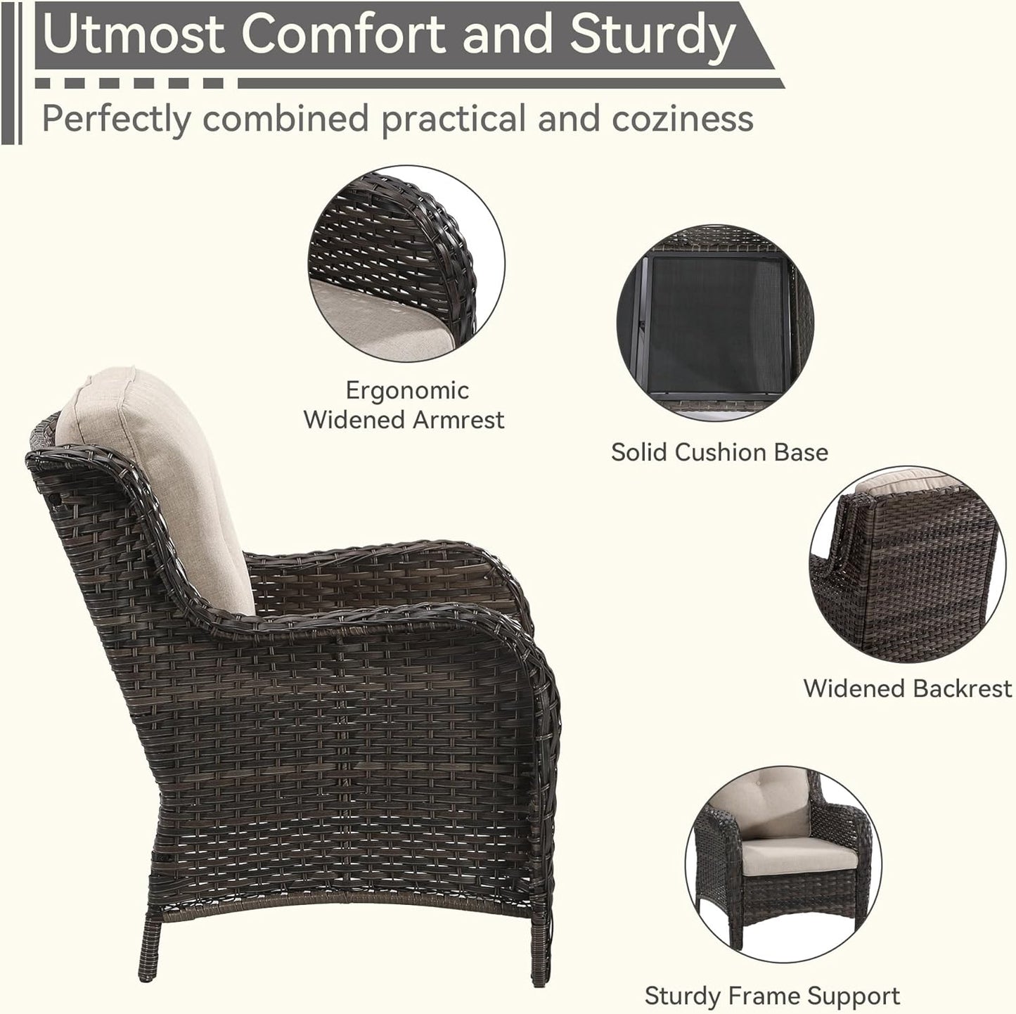 3 Pieces Outdoor Patio Chairs Set - Wicker Patio Conversation Sets with 1 Side Table, Olefin Fabric Cushions Suitable for Backyard Deck and Porch,Beige