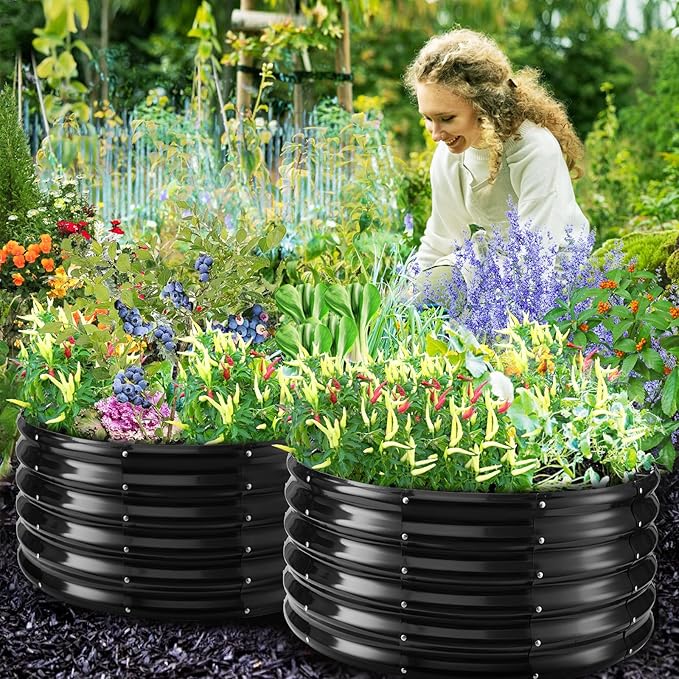 17" Tall Round Outdoor Garden Raised Garden Bed Kits- 0.8MM Thick Metal Raised Planter Bed/Ground Planter Box for Variety of Flowers,Herbs,Vegetables (Black, 32 inches Diameter)