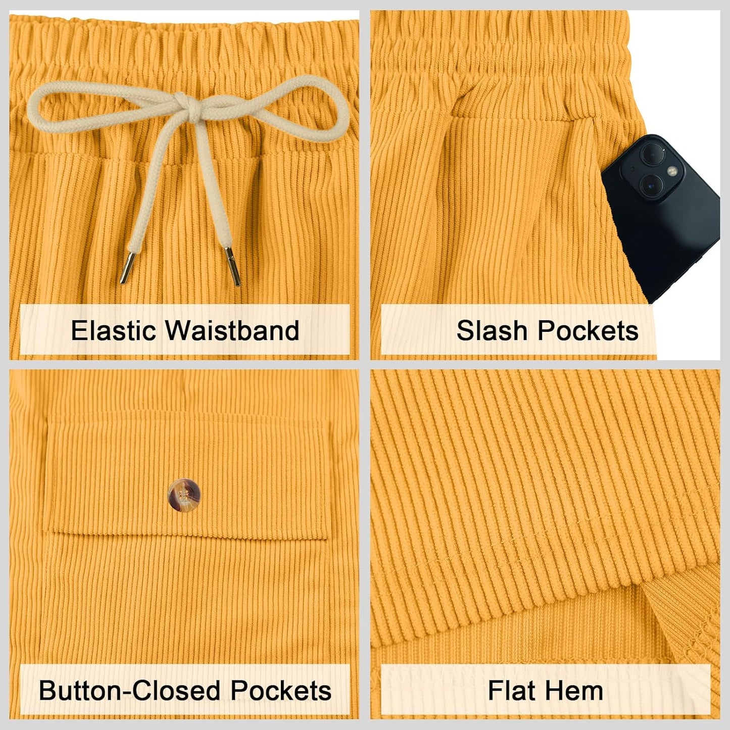 Mens Cargo Shorts Casual Drawstring Elastic Waist Corduroy Summer Beach Shorts with Pockets