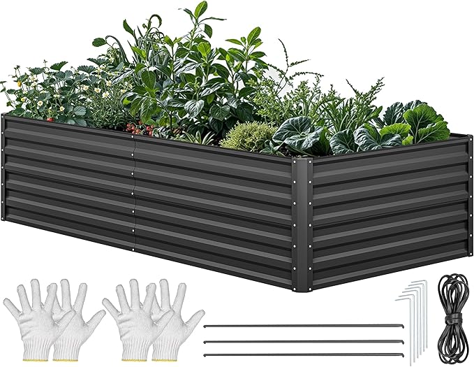 YITAHOME 96x48x24 in Galvanized Raised Garden Bed Kit, Large Metal Planter Box with Gloves, Safety Rubber & Support Rod, Outdoor Flower Bed for Plants Vegetables, Black