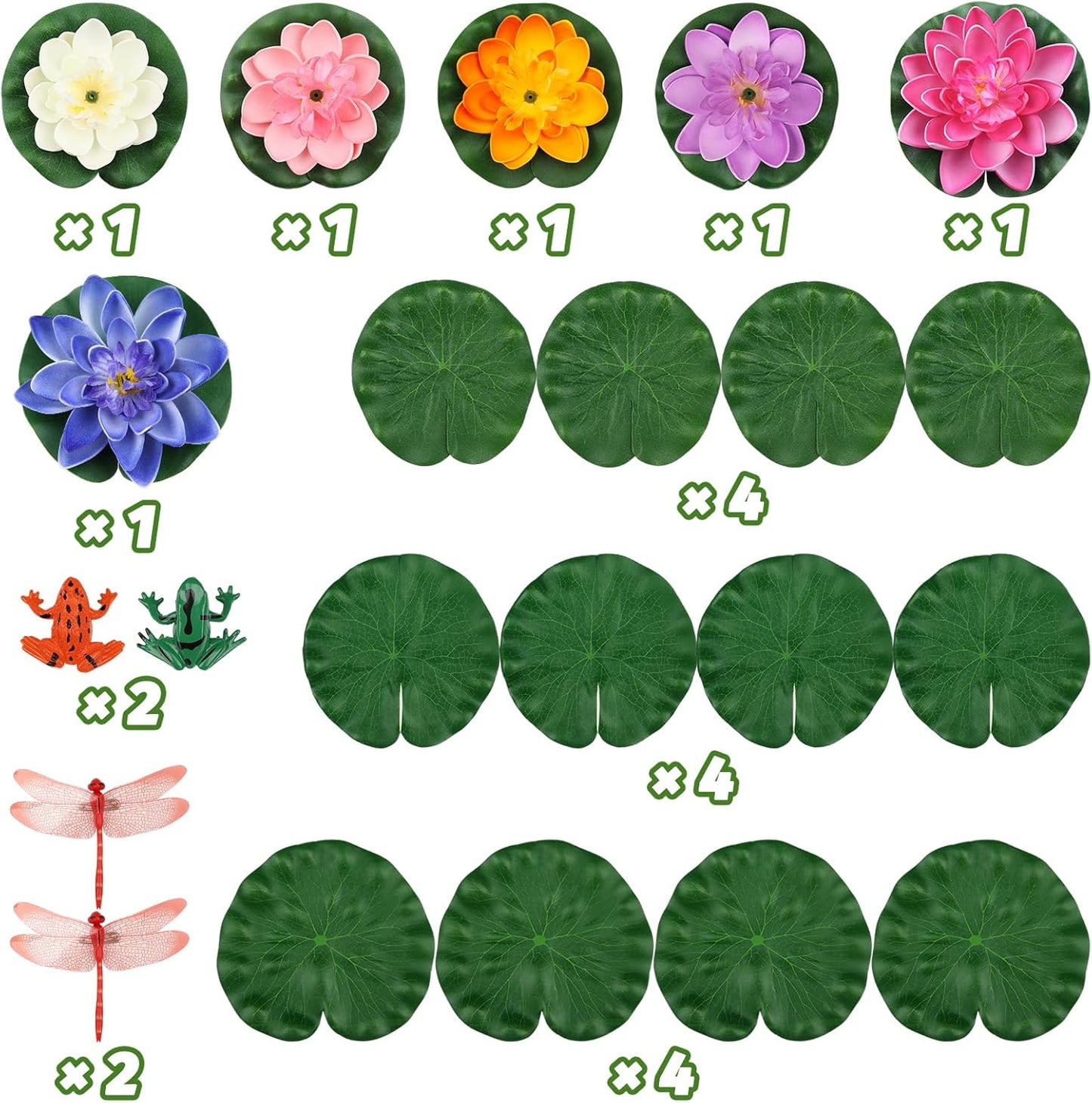 22 Pack Artificial Floating Foam Lotus Flowers with Artificial Frog Lotus Leaves, Lily Pads for Lake, Pond Plants Ornaments for Pool Water Decoration, Colorful