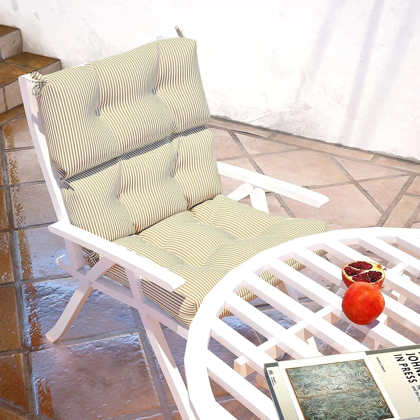 LVTXIII Outdoor Seat and Back Chair Cushion Patio Tufted High Back Cushion with Ties, Seasonal Replacement Rocking Chair Cushion for Home Office Garden Use, 44” L x 22” W, Set of 2, Stripe Beige