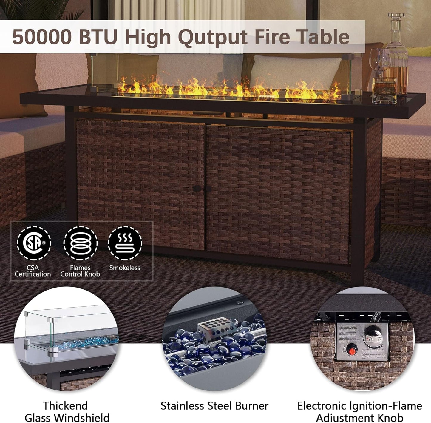 25-Pc Patio Furniture Set - 7 Piece Outdoor Rattan Sofa Set with 57" Fire Table and 17 Accessories, Modular Sofa Set for Garden/Poolside, Navy Blue/Grey