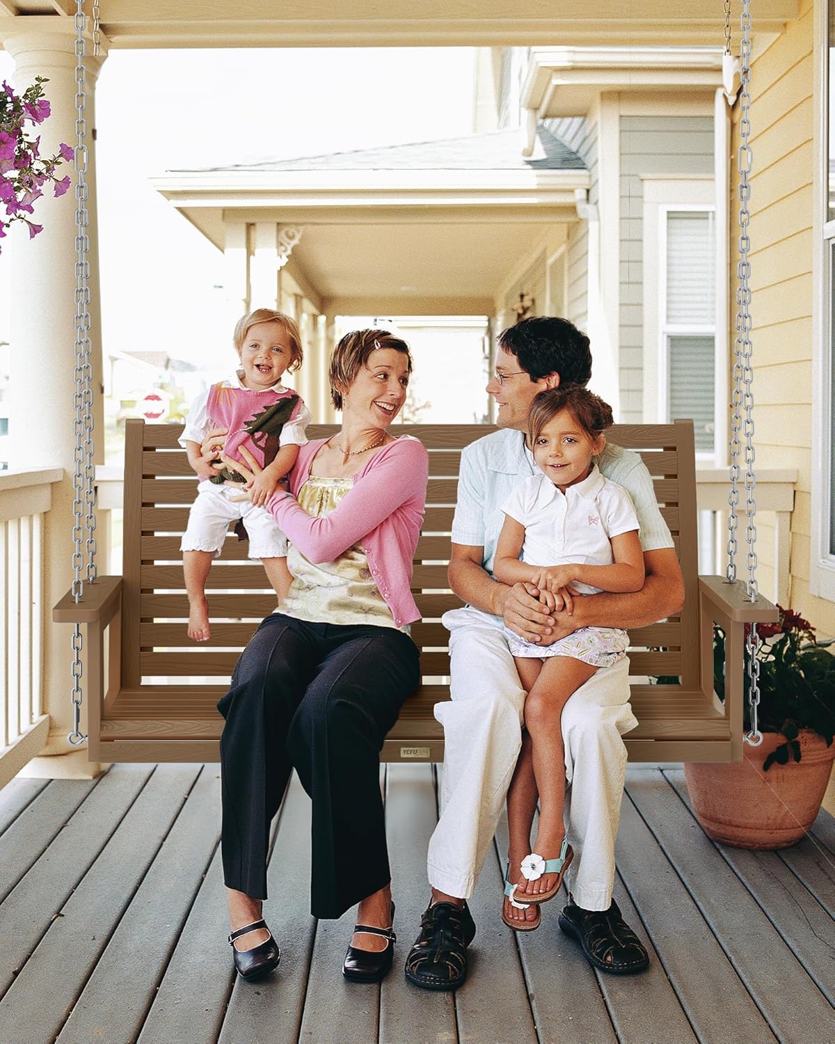 YEFU Hanging Porch Swing Set of 2,2-Seat Patio Swing Bench,All-Weather Swing Chair with Hanging Chains,Look Like Real Wood,for Garden and Courtyard,800LBS Weight Capacity,4FT,Teak