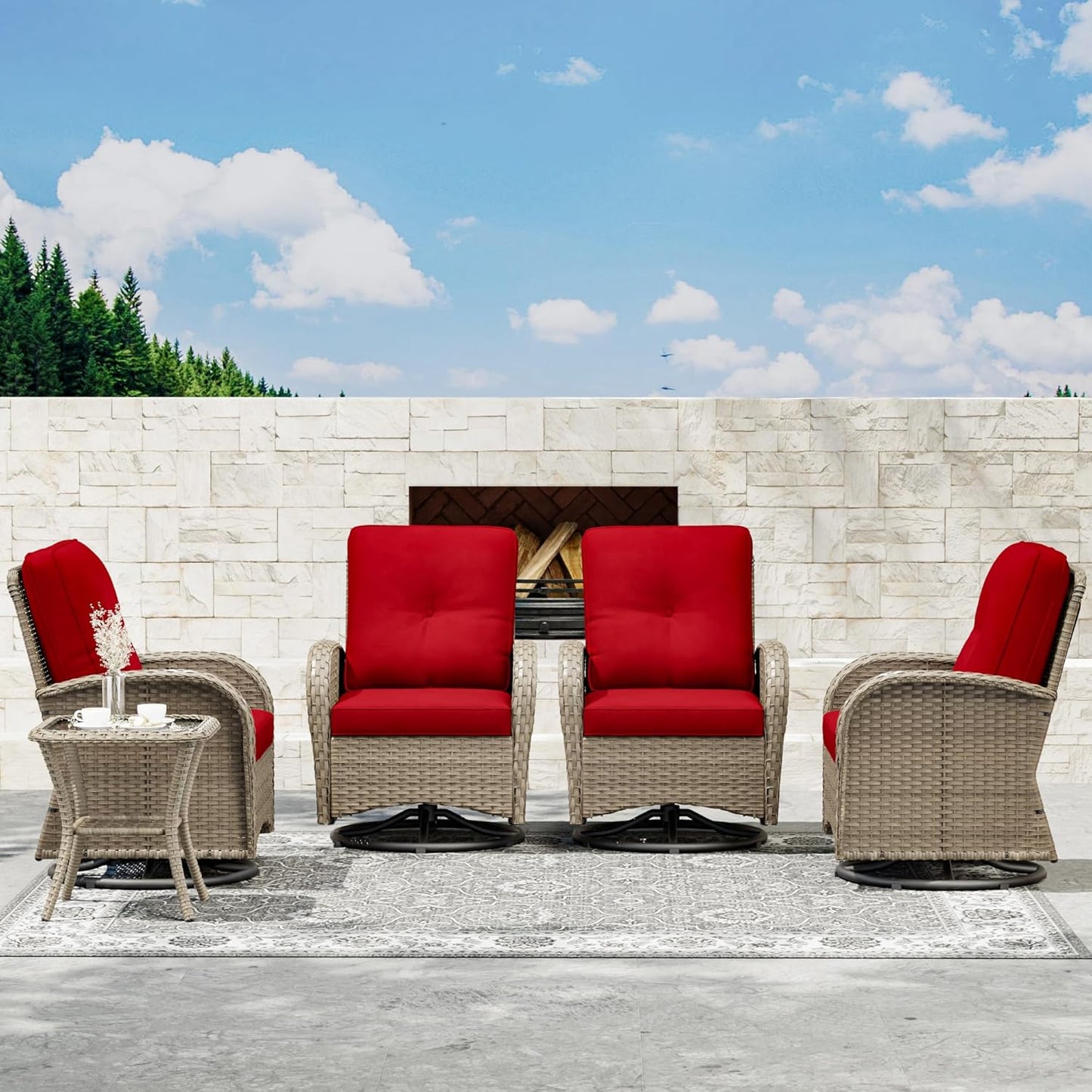 Joyside Outdoor Swivel Rocker Chairs, 6 Piece Wicker Patio Set with Thick Cushion and Side Table, Rattan Patio Swivel Rocking Chairs for Porch, Deck Use (Natural/Red, 6 PCS)