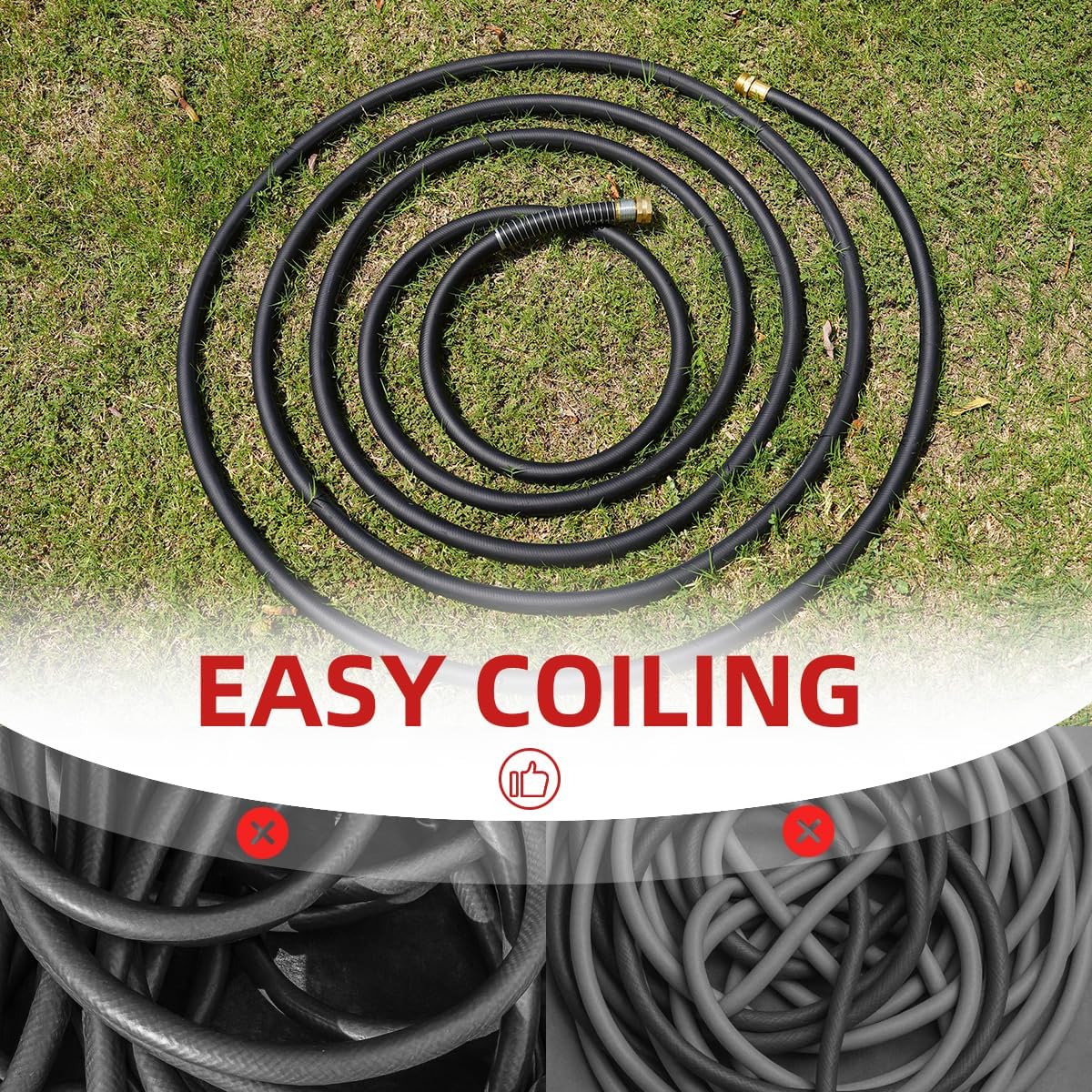 WiseFlow Garden Hose 90FT x 5/8", Heavy Duty Rubber Hose, 1000PSI Burst, 300PSI Working, Water Hose with Five Layered Braiding, Male Female Fittings (Black)