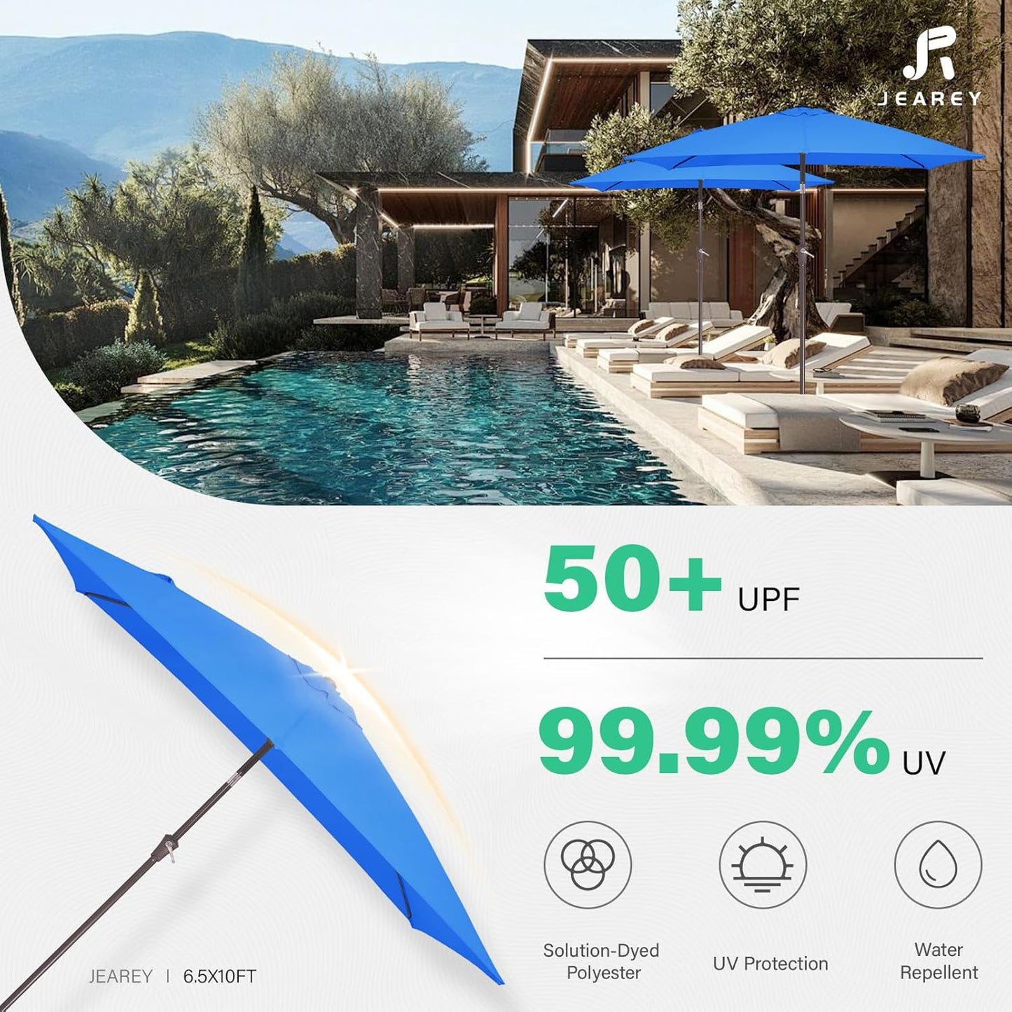 JEAREY 6.5x10 ft Rectangular Patio Umbrellas Outdoor Market Umbrella with Push Button Tilt and Crank, Rectangle Table Umbrella 6 Sturdy Ribs UV Protection for Pool Garden Backyard Deck, Royal Blue