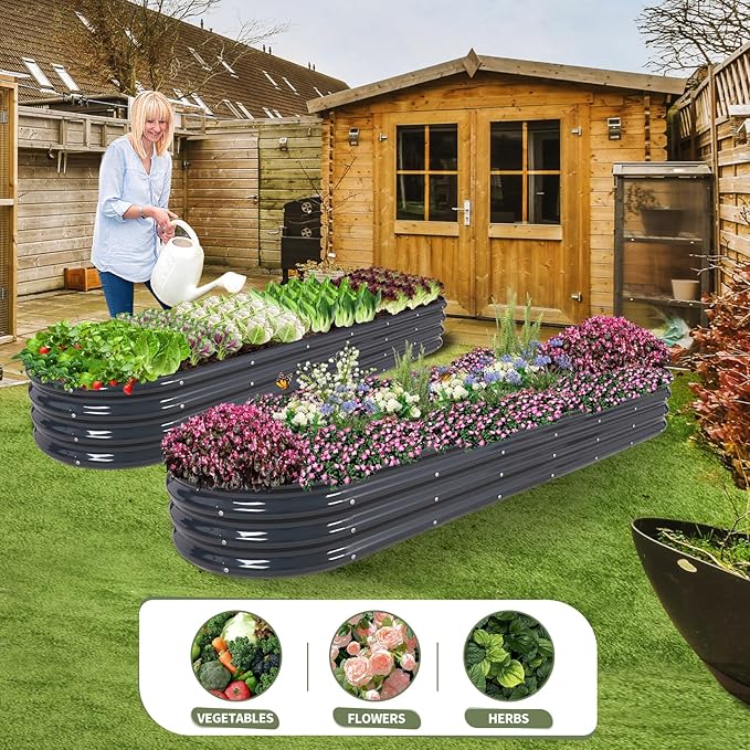 Galvanized Raised Garden Bed Outdoor- Raised Beds for Gardening| Metal Planter Box, Steel Raised Garden Bed Kit with Safety Edging and Gloves for Vegetables, Flower, Herbs (8x2x1FT, Gray)